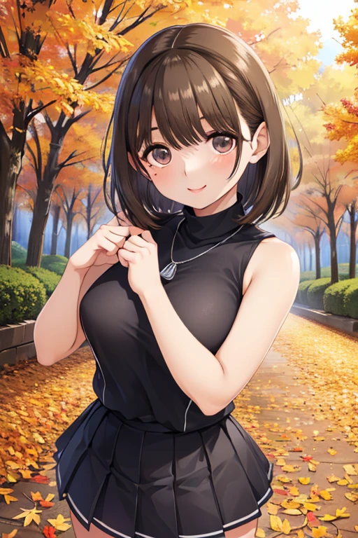 ((highest quality)),(超A high resolution),(Ultra-detailed),(Detailed depiction),((The best CG)),(A masterpiece),super precision art,The art of astonishing depiction, Sparkling eyes, (Fine grain)、Fine and beautiful eyes、(Beautiful breasts:1.1) 、

Black sleeveless turtleneck top with details, mini skirt, necklace,

Teenage Girl、1 girl、beautiful girl、
Shiny brown hair, short hair, Brown eyes、Brown eyes、Brown eyes、smile、、smile、
Under the rows of ginkgo trees、(Autumn Night)、(Autumn Night)、(Autumn Night)、