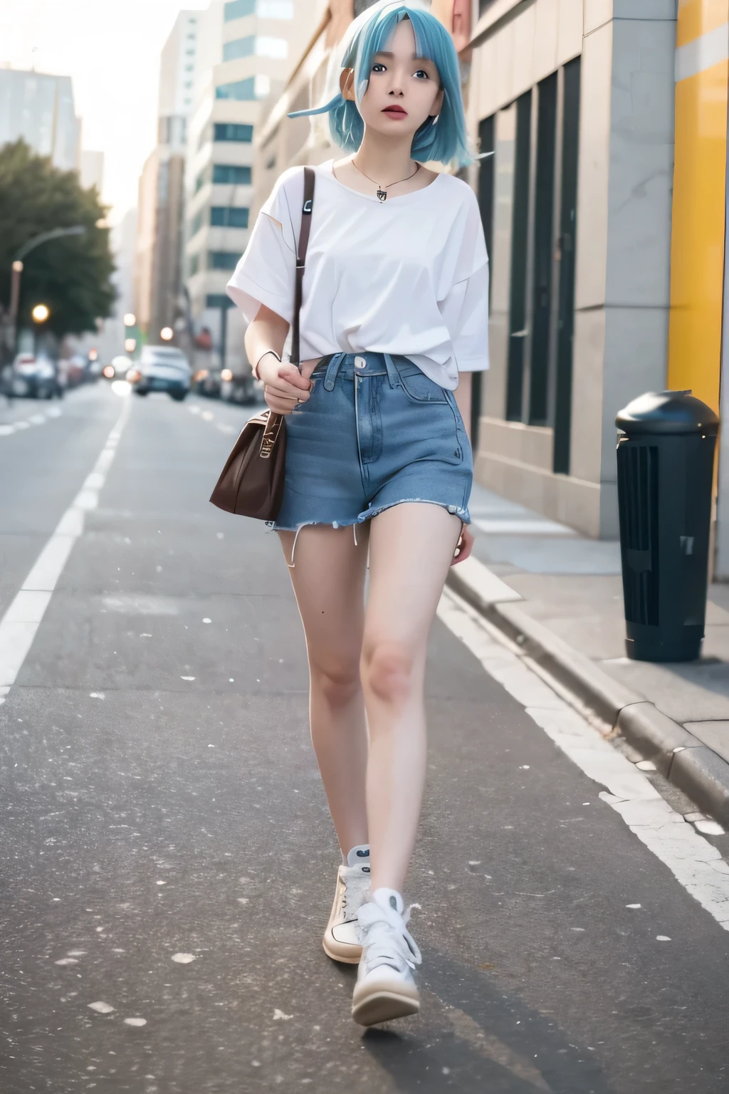 Photography of a 21 years old pretty woman. She's skinny, wearing casual skateboarding clothes and converse shoes. She has short blue hairs and freakles. She's walking down the street.
The photography looks like in a wes anderson movie