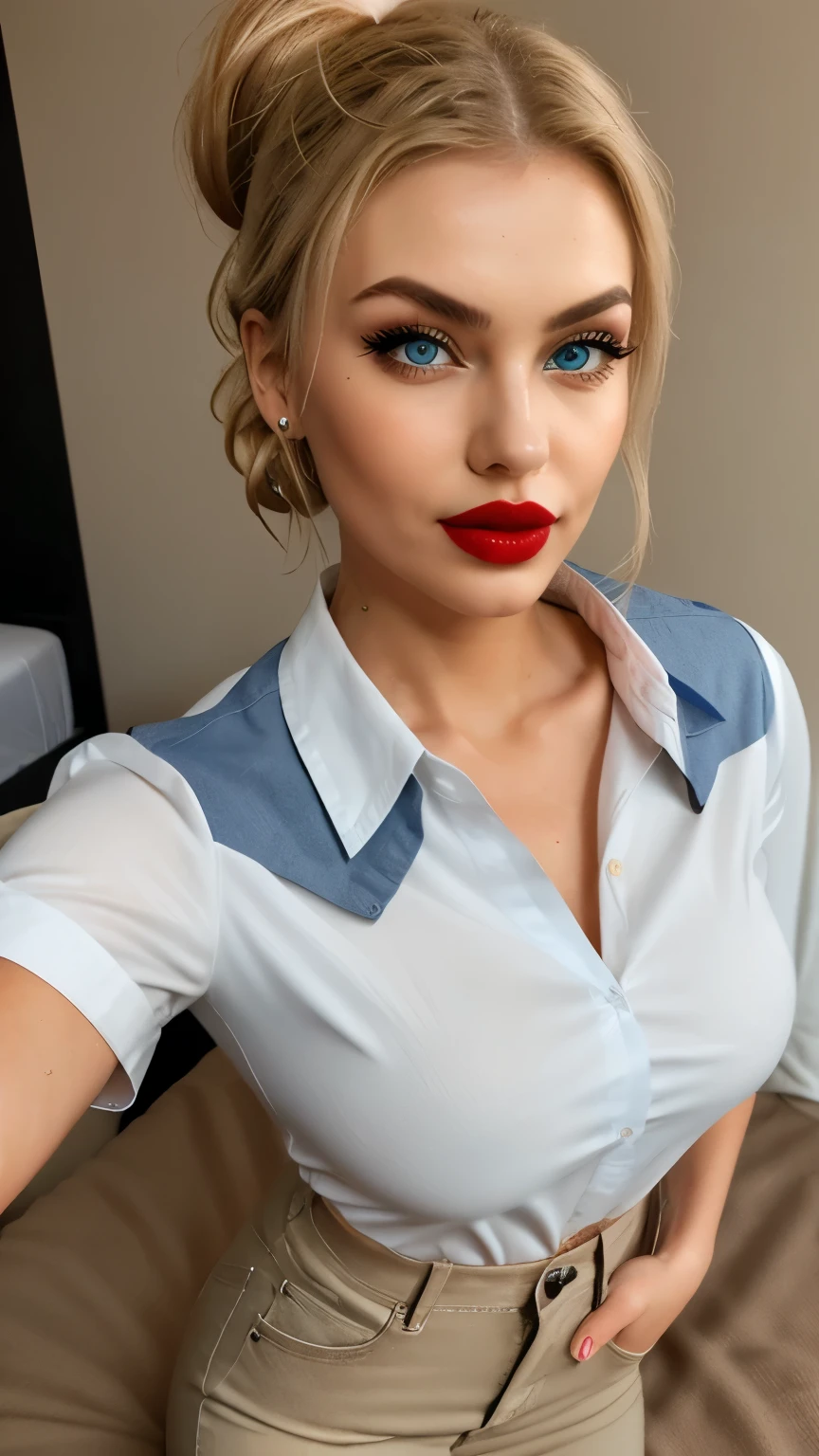 (ultra realistic), Photo, high quality, (low lighting ), (bedroom) light background ,girl selfie, blonde, Hair tied in a ponytail, view from above, detailed eyes, Blue eyes, red lipstick on lips, pronounced cheekbones, hand touches shoulder, red manicure, White shirt, big breasts, the shirt has three buttons undone, shirt tucked into pants, Formal shirt,  