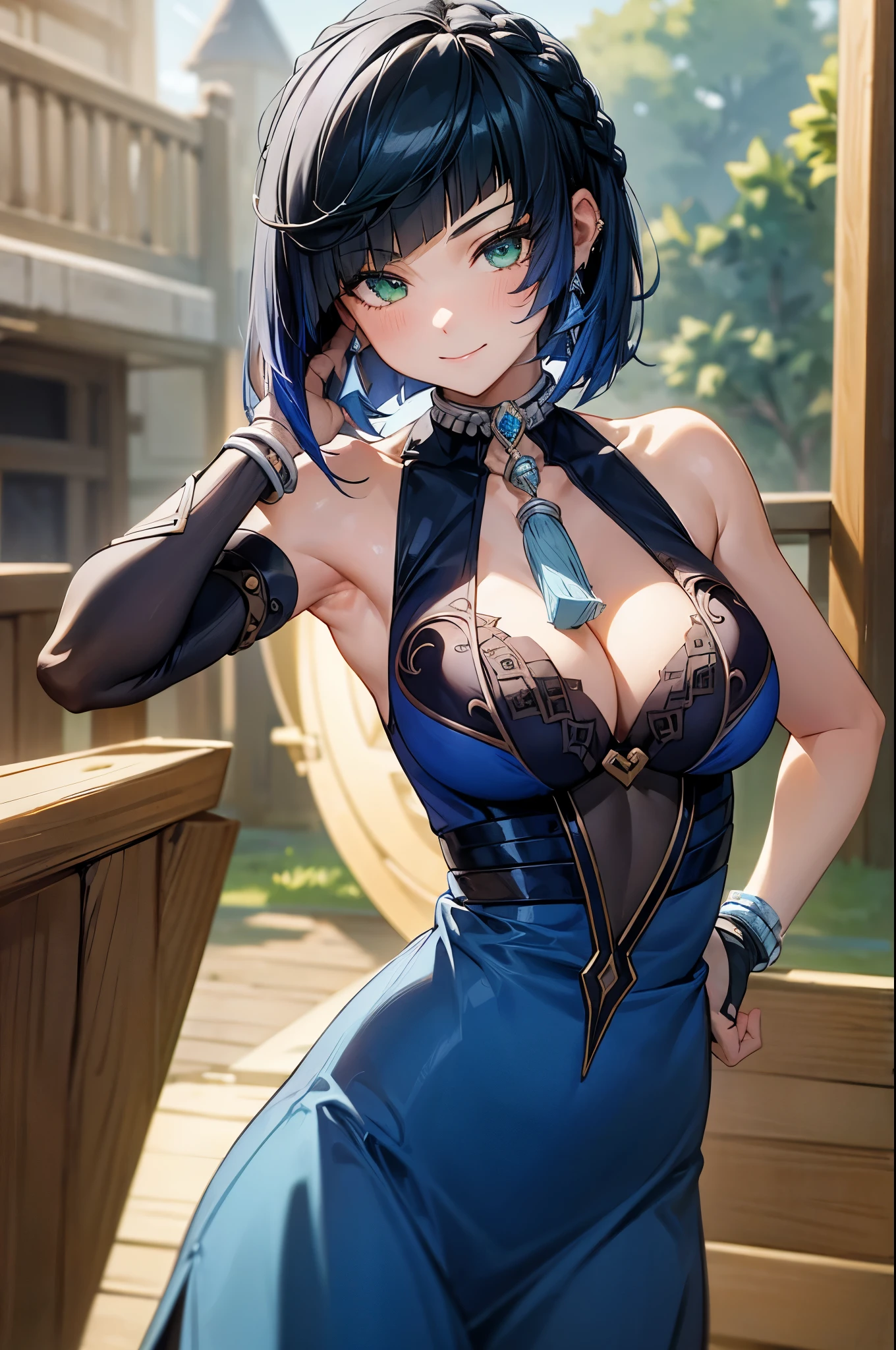 (masterpiece, best quality:1.2), expressive eyes, perfect face, highres, 1girl, solo, yelanrnd, aayelan, short hair, bob cut, braid, green eyes, earrings, neck tassel, cleavage, blue dress, sleeveless, bracelet, asymmetrical gloves, fingerless gloves, elbow gloves, pelvic curtain, beach, smiling, hands on hips, standing, cowboy shot, looking at the viewer