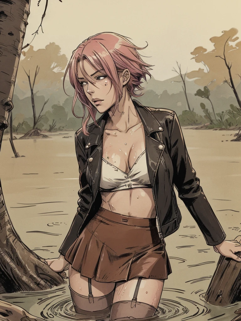 An anime woman with colored hair,leather jacket, skirt, stockings, drowning posing in the middle of bog, fetishistic, depraved, caught, sinking, sweat, blushed