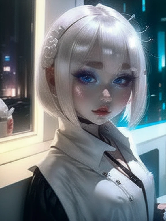 people，一peopleの女、，White Hair、White clothes，blue eyes、Night view，The eyes are seductive， --automatic