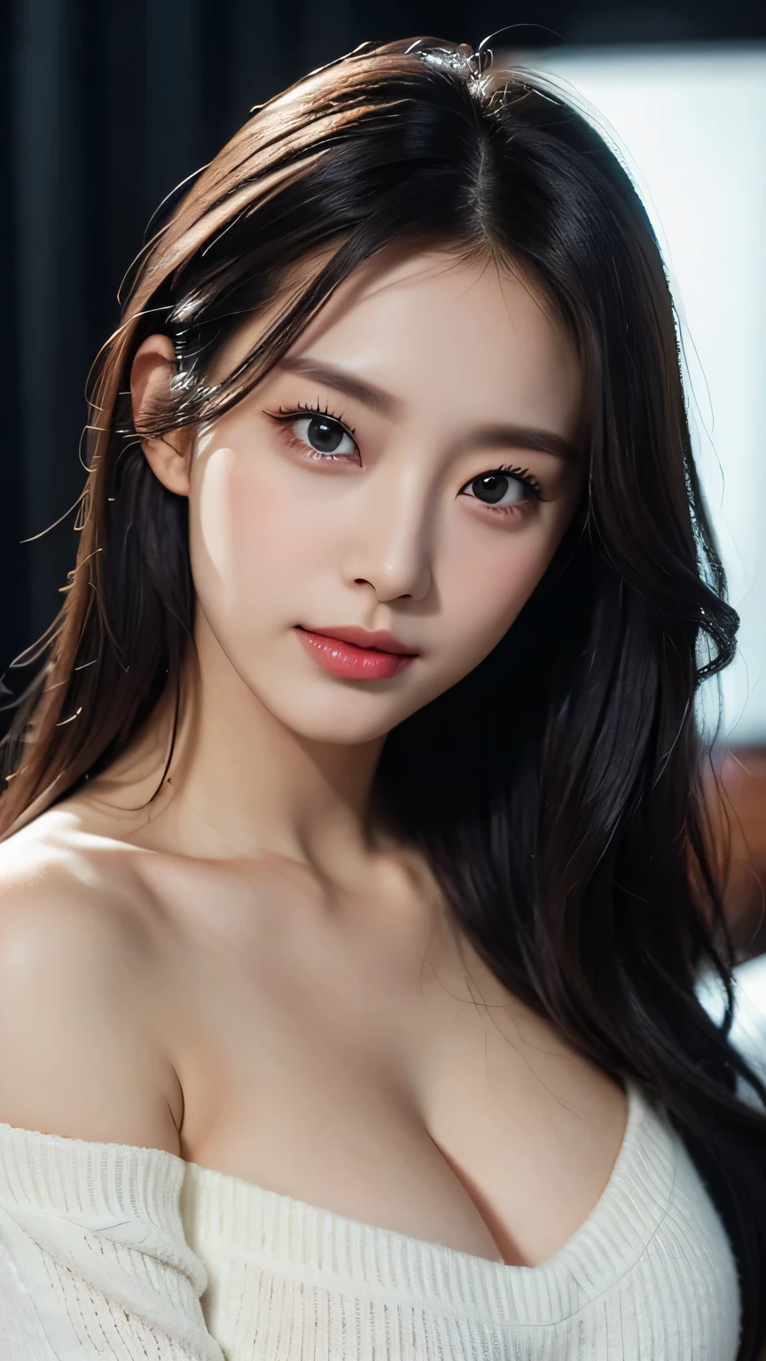 Masterpiece, best quality, very detailed, Very detailed, very detailed, realistic, Sharp features, Highly detailed, Sharp focus, perfect face, perfect face, Perfect eyes, perfect symmetry., Perfect, plump lips, Flexible female figure, cinema, film lights, hyper detail, hyper realistic, high resolution, Lively, dynamic studio lighting, no, ((dark background)), sexy face, Facial expressions when receiving happiness, smooth and straight, big breasts, The rift revealed, black eyes,white sweater,open shoulder, cowboy shoot, Asian girl