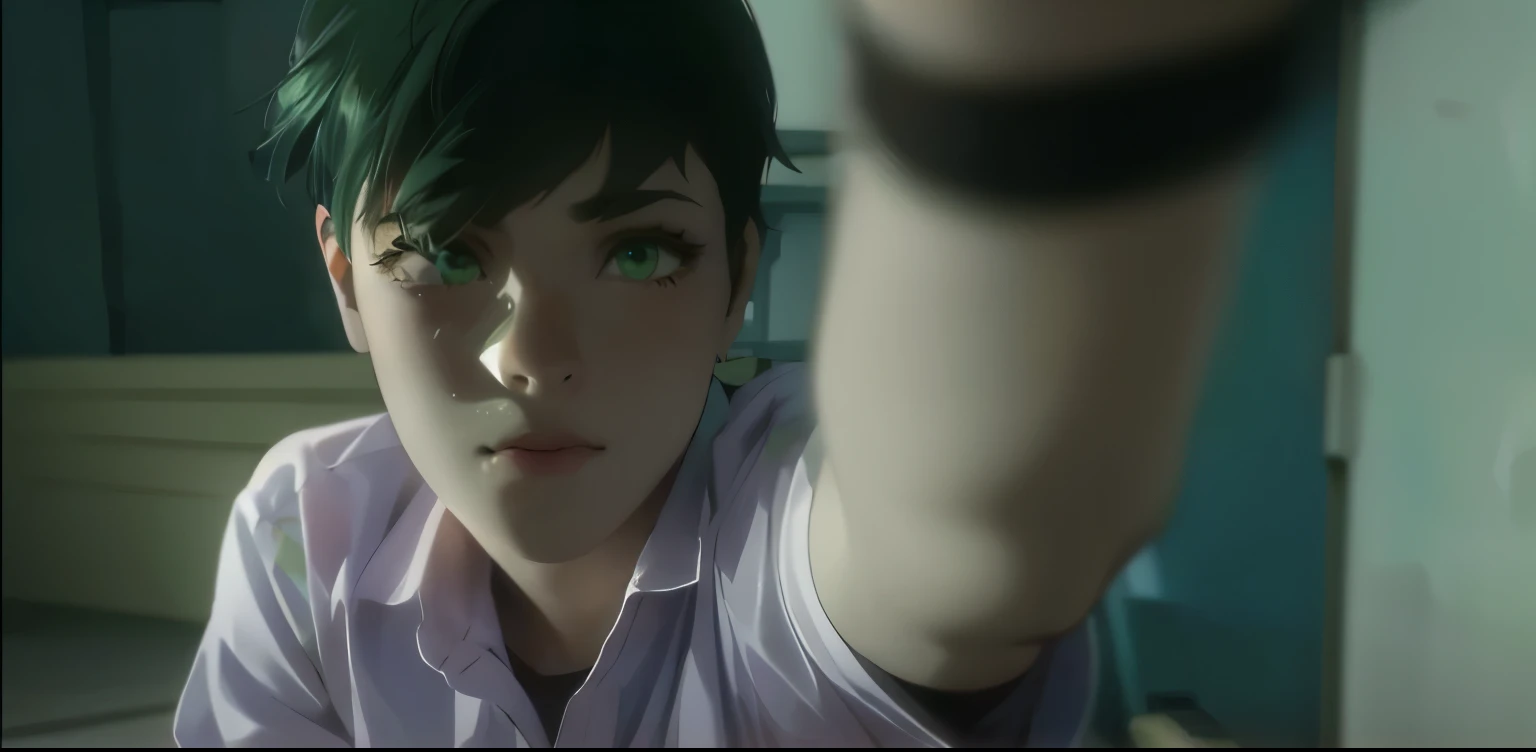 15 year old girl short green hair green eyes is sad