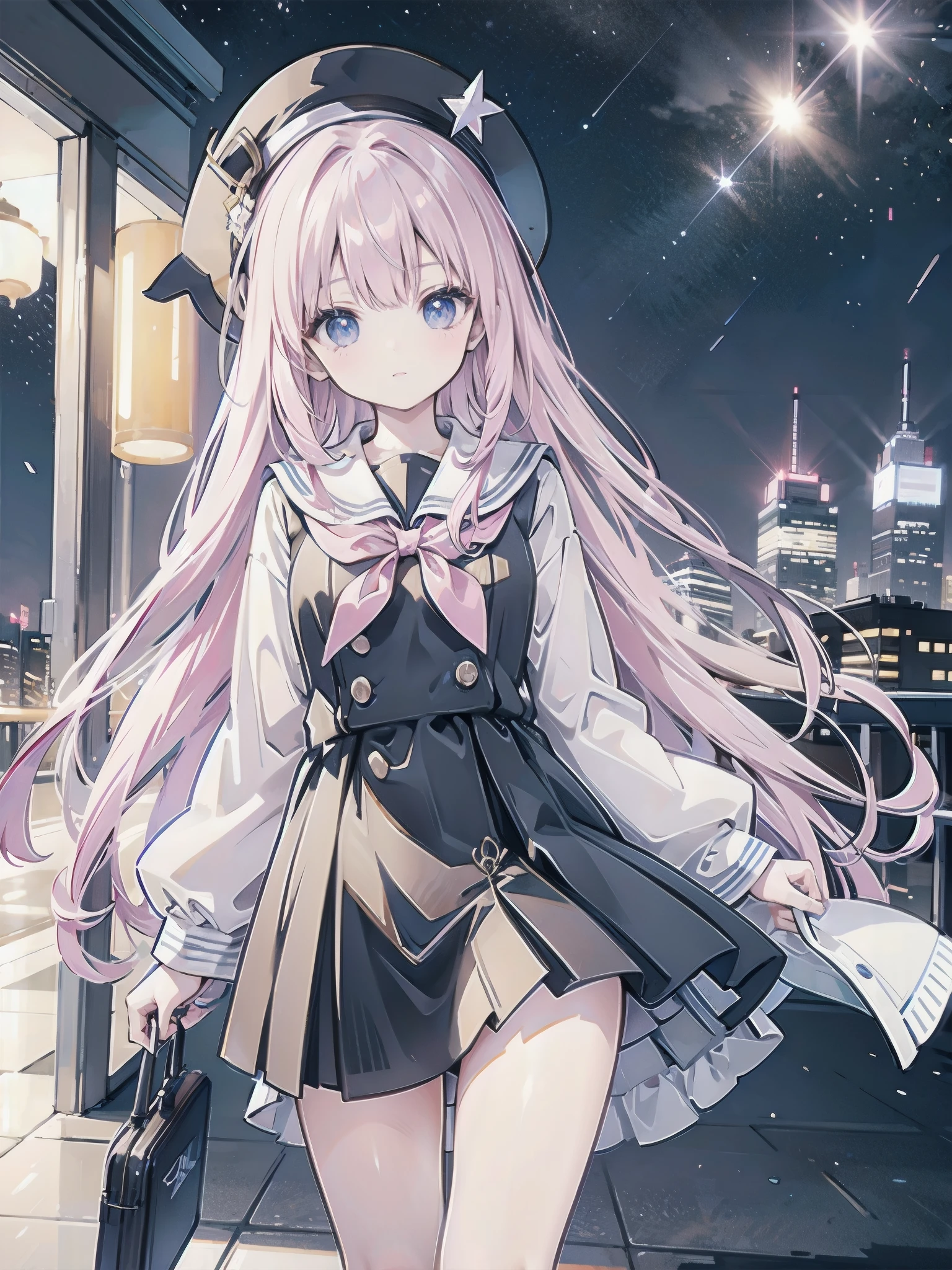 A girl standing on the rooftop of a high-rise building overlooking Yokohama late at night、A high school student wearing a white and black sailor uniform with a pale pink ribbon、She wears a large witch's hat with a small sapphire accessory.、A few star creams、Beautiful starry sky、Beautiful night view、