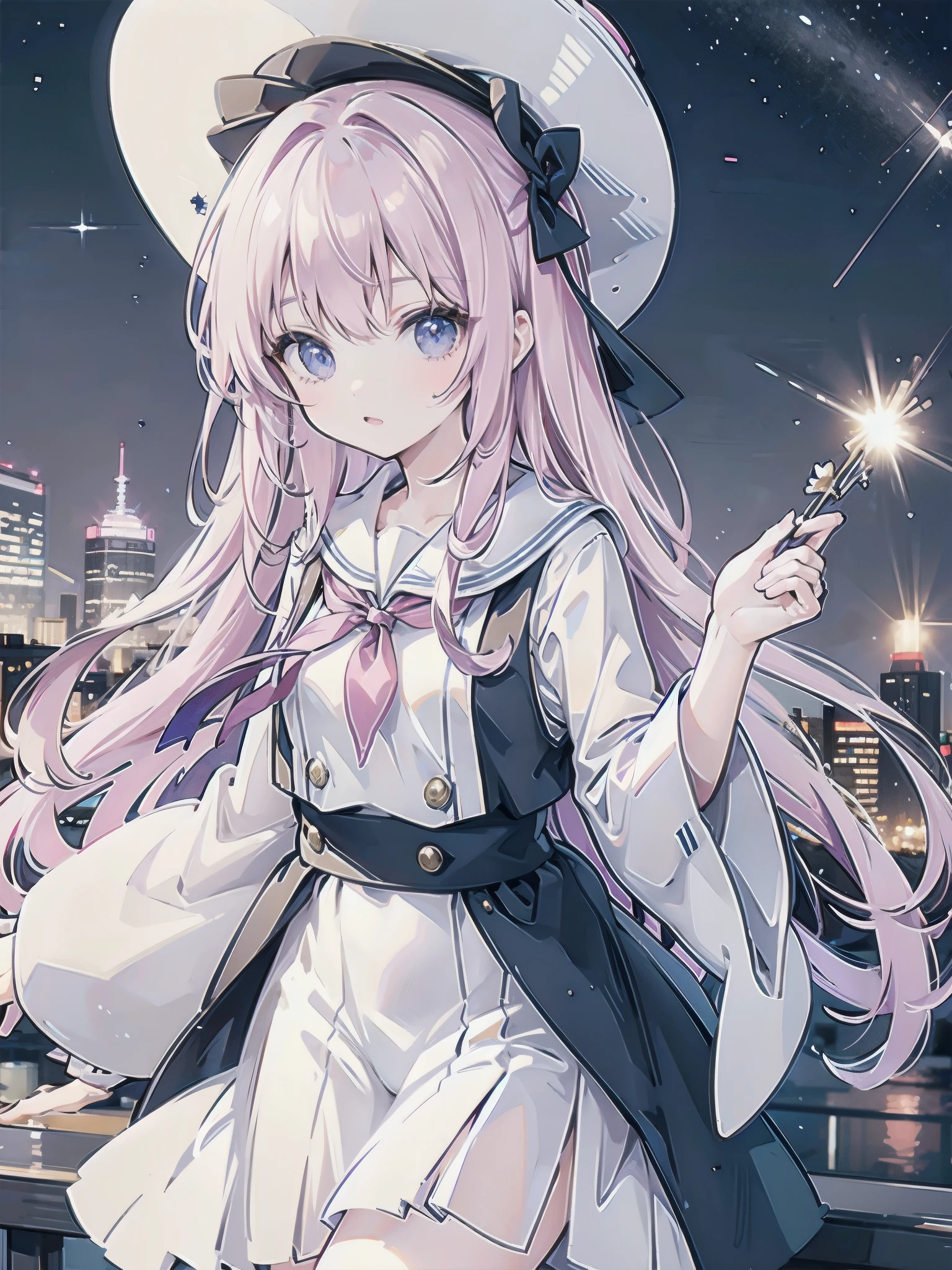 A girl standing on the rooftop of a high-rise building overlooking Yokohama late at night、A high school student wearing a white and black sailor uniform with a pale pink ribbon、She wears a large witch&#39;s hat with a small sapphire accessory.、A few star creams、Beautiful starry sky、Beautiful night view、