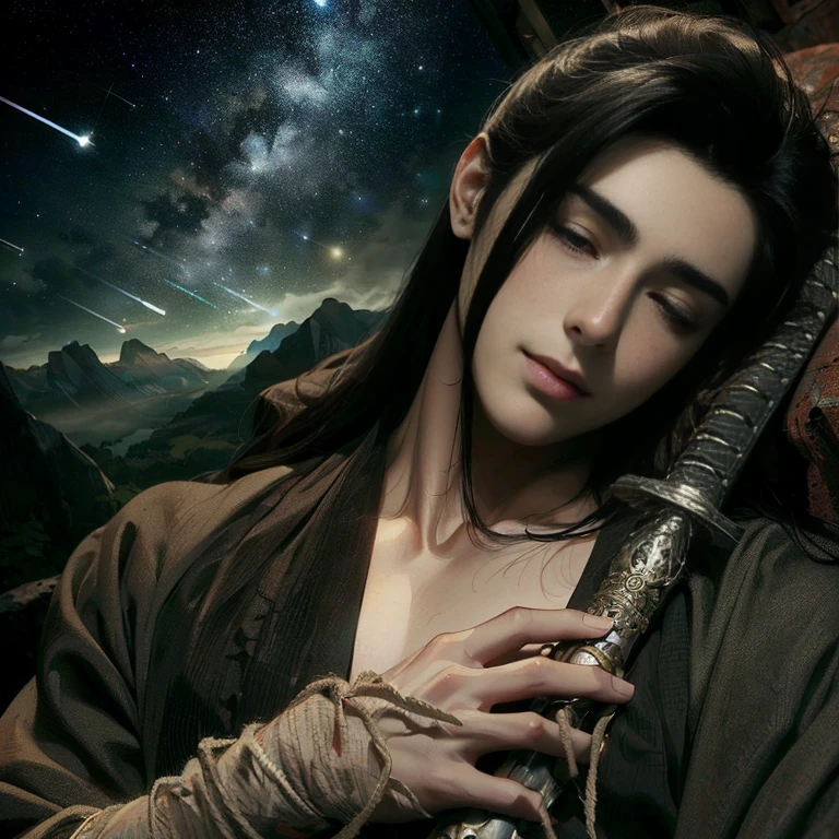 (Best Quality:1.2), (high resolution:1.2), (beautiful face and eye:1.5), (sharpest focus:1.2), (Ultra-realistic Photo:1.2), (Ultra-precise Photo:1.2), (Depth of field:1.2), (8k high resolution:1.2). (perfect :1.2), 
(nice hands:1.5), (perfect hands:1.5), (cynical smile:1.5), (A very young and beautiful Chinese man:1.0), (lying down quietly with closed sick eyes:1.8), (At the top of a steep rocky mountain:1.8), 
(Stars of Leo twinkling in the night sky:1.5), (Looking down angle:1.5), (holding a drawn sword:1.0), (Chinese warrior with very light armor and beat-up arms:1.0), (Pale complexion:1.5), 