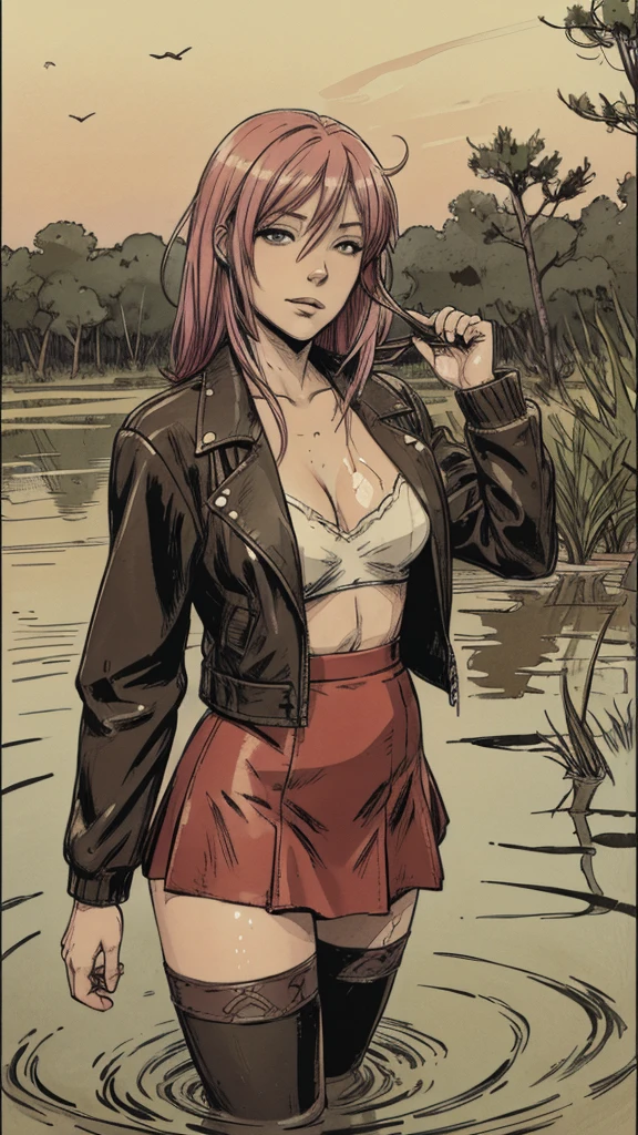 An anime woman with colored hair,leather jacket, skirt, stockings, drowning posing in the middle of bog, fetishistic, depraved, caught, sinking, sweat, blushed