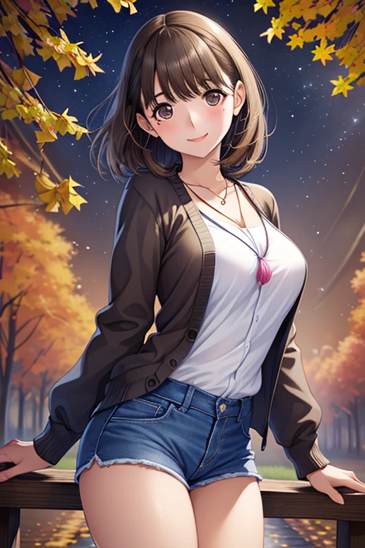 ((highest quality)),(超A high resolution),(Ultra-detailed),(Detailed depiction),((The best CG)),(A masterpiece),super precision art,The art of astonishing depiction, Sparkling eyes, (Fine grain)、Fine and beautiful eyes、(Beautiful breasts:1.1) 、
wear (Pink good), cardigan, Short shorts, Take a break indoors, , necklace,
age Girl、1 girl、beautiful girl、
Shiny brown hair, short hair, Brown eyes、Brown eyes、Brown eyes、smile、、smile、
Under the rows of ginkgo trees、(Autumn Night)、(Autumn Night)、(Autumn Night)、