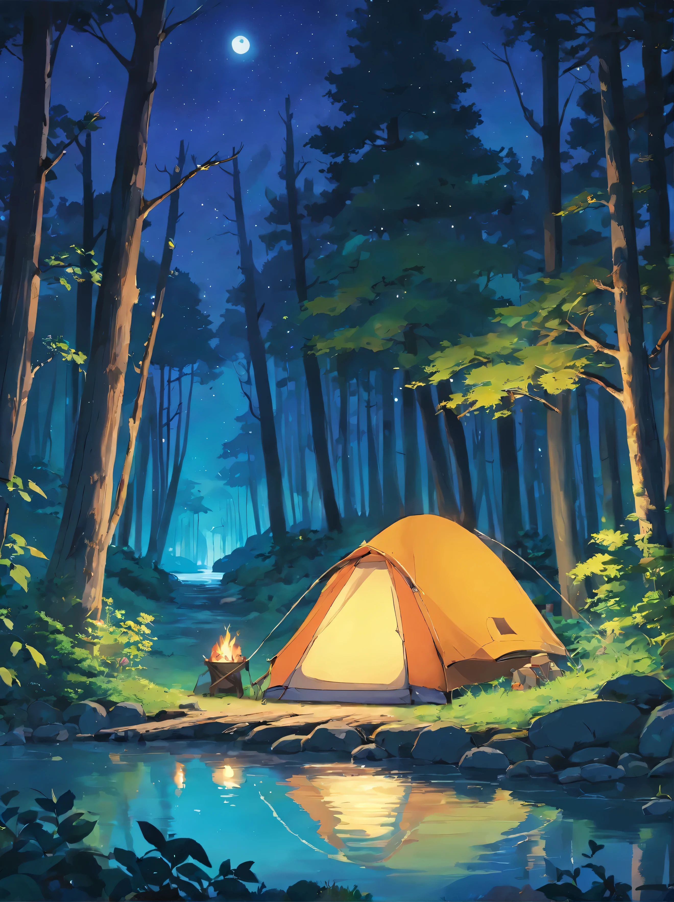 there is a painting of a tent in the woods by the water, calm night. digital illustration, nighttime nature landscape, background artwork, quiet forest night scene, campfire background, night in the forest, at a campfire in the forest, at a campfire at night, night time scene, detailed painting 4 k, night outdoors, camp fire, beautiful detailed scene