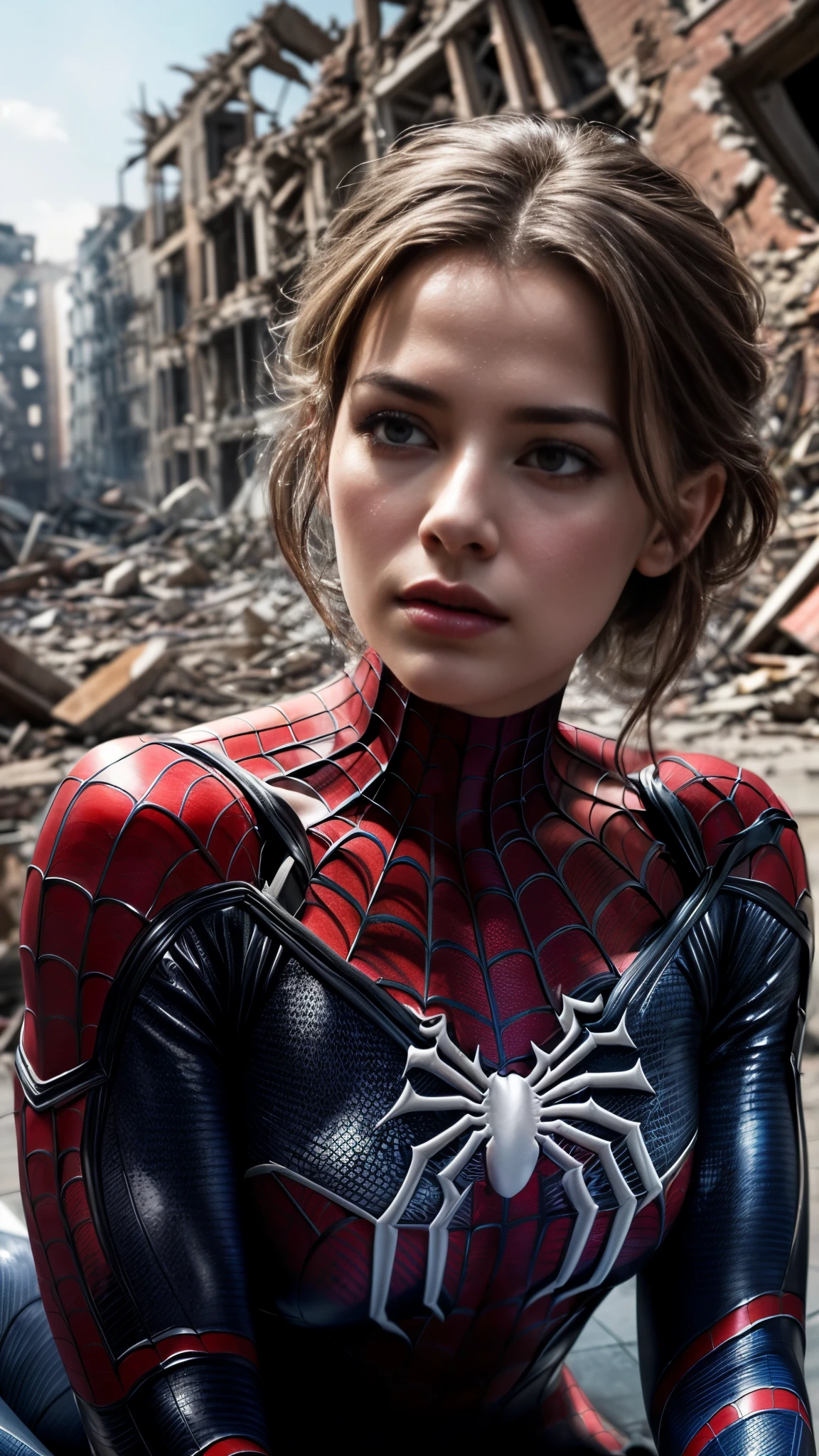 (best quality,4k,8k,highres,masterpiece:1.2),ultra-detailed,(realistic,photorealistic,photo-realistic:1.4), profesional photograph by dubnitskiy davids, natural light, in frame, portraits, a beautiful young girl, wearing ((red black latex:1.2), (spider-man likeness:1.3)), seductive looks, soft glow, elegant beauty, detailed blue grey eyes, sensual pose, delicate skin texture, flowing messy pink hair,bob style,  innocent expression, busty posture, collarbone, naturally droopy breast, huge breast, (siting with cross-legged:1.3), (hug up her breast by her hand:1.3), (surrounded by ruins of high buildings in daylight:1.4), subtle shadows, floral foreground, shallow depth of field, (cool color tones:1.2), foggy atmosphere, fine art photography, facing forward, wide angle, (seen from below:1.0), photon mapping, erotic, aesthetic