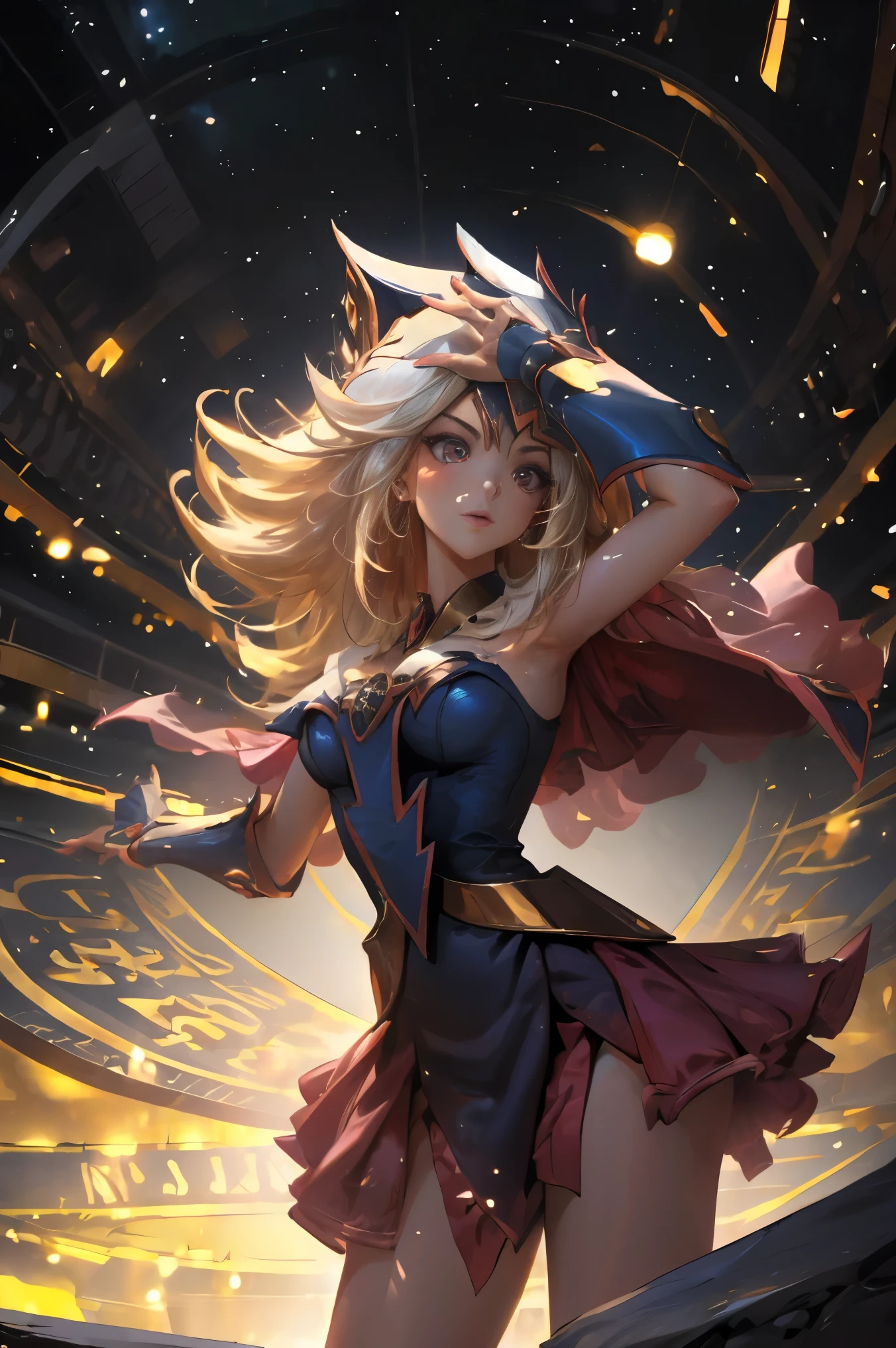 Dark magician gils vestida como la diosa arena de Saint Seiya. Vestido blanco, ajustado, blanco. Cabello rubio. Ojos azules. Labios rojos. Cuerpo completo. Fondo de Athena. Pose sensual y inocente. Magic circle around you. Magic of the heart in the air.