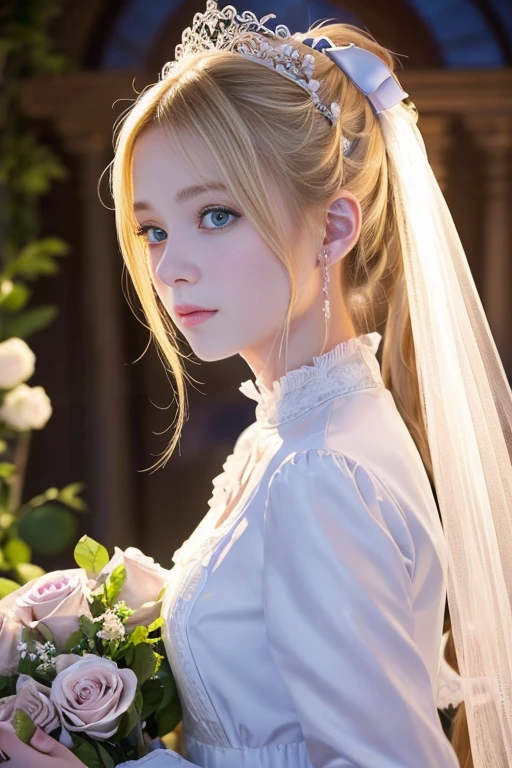 Full moon night、German  beautiful girl、Aristocratic atmosphere、look far away、Detailed face、Detailed eyes、high quality、High resolution、Blonde Hair、Big blue ribbon ponytail、A woman is holding a bouquet of roses、Looking into the distance from the castle roof、White opera stage dress、styled in a realistic and culturally appropriate manner