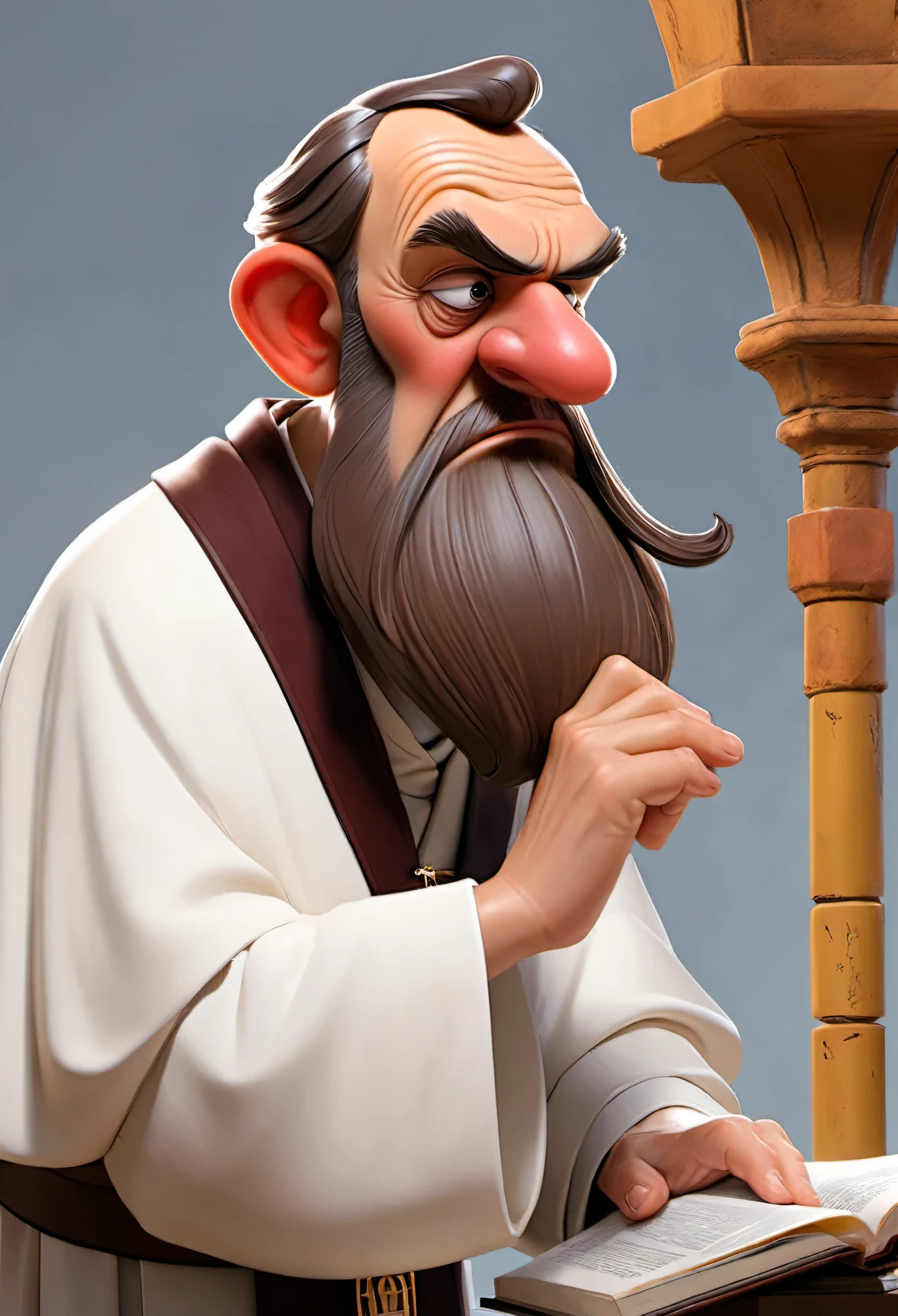 Sacerdote gritando de perfil, muy enojado, brown clothing, edad media, caricatura