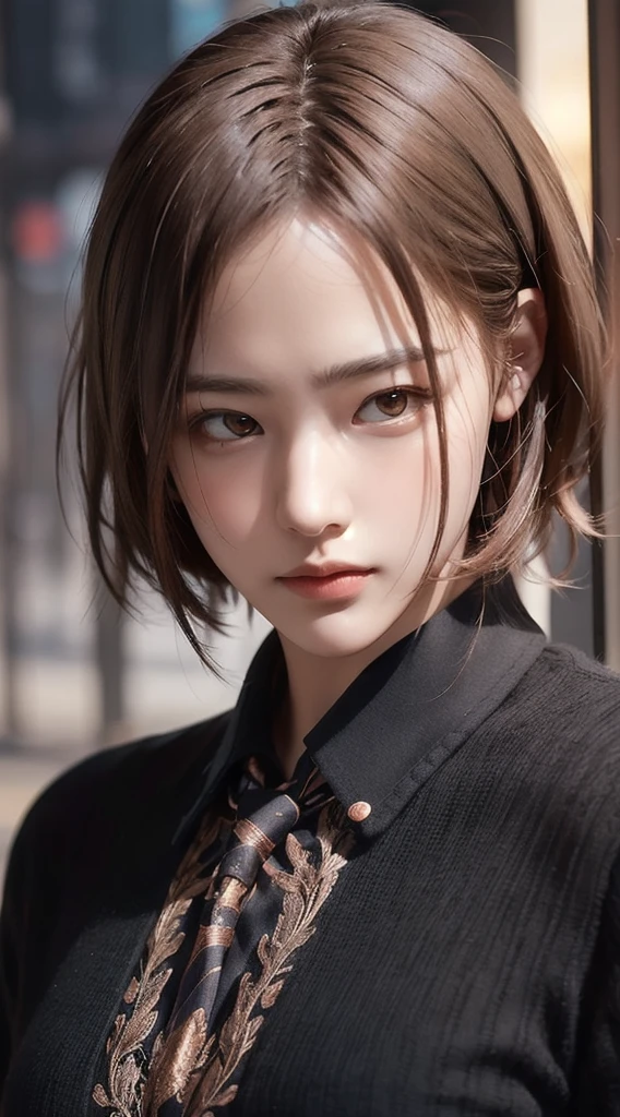 Realistic, Tabletop, highest quality, RAW Photos, One Girl, alone, Handsome Short Hair, copper colored hair、Detailed face, Attractive face, Black collared shirt, Medium chest, Dynamic pose, View your viewers, From below, Detailed Background, Fine details, Intricate details, Ray Tracing, Depth of written boundary, Low Key, Hmph
