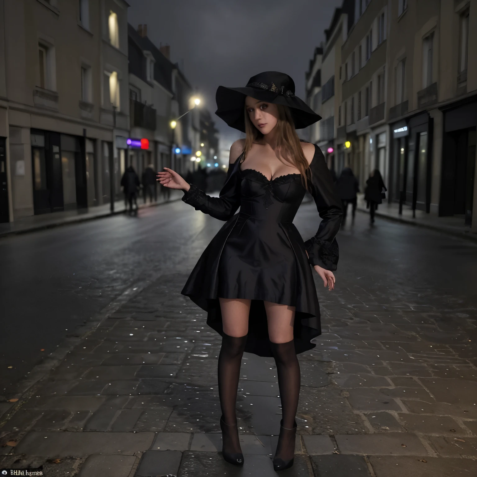 beautiful naked sexy girl in black shoes , black stockings and black hat, in a sexy free pose in the city square