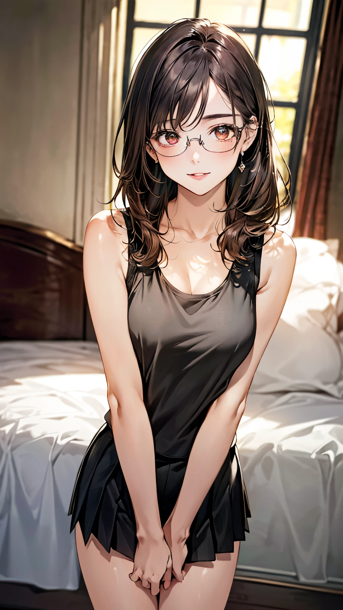 (masterpiece:1.3, top-quality, ultra high resolution, ultra detailed), (realistic, photorealistic:1.4), beautiful illustration, perfect lighting, natural lighting, depth of fields,
beautiful detailed hair, beautiful detailed face, beautiful detailed eyes, beautiful clavicle, beautiful body, beautiful chest, beautiful thigh, beautiful legs, beautiful hands,
looking at viewer, 1 girl, 12 years old, (perfect anatomy, anatomically correct), cute and symmetrical face, babyface, perfect face, perfect eyes, shiny skin,
(long hair, low ponytail, brown hair), parted bangs, brown eyes, long eye lasher, (medium breasts, juicy thighs, attractive thighs),
((detailed cloth texture, black pleated mini skirt, white tank top, black tank top), frameless eyeglasses),
(beautiful scenery), evening, (bedroom:1.4), standing, ((lean forward)), (seductive smile, upper eyes, parted lips),