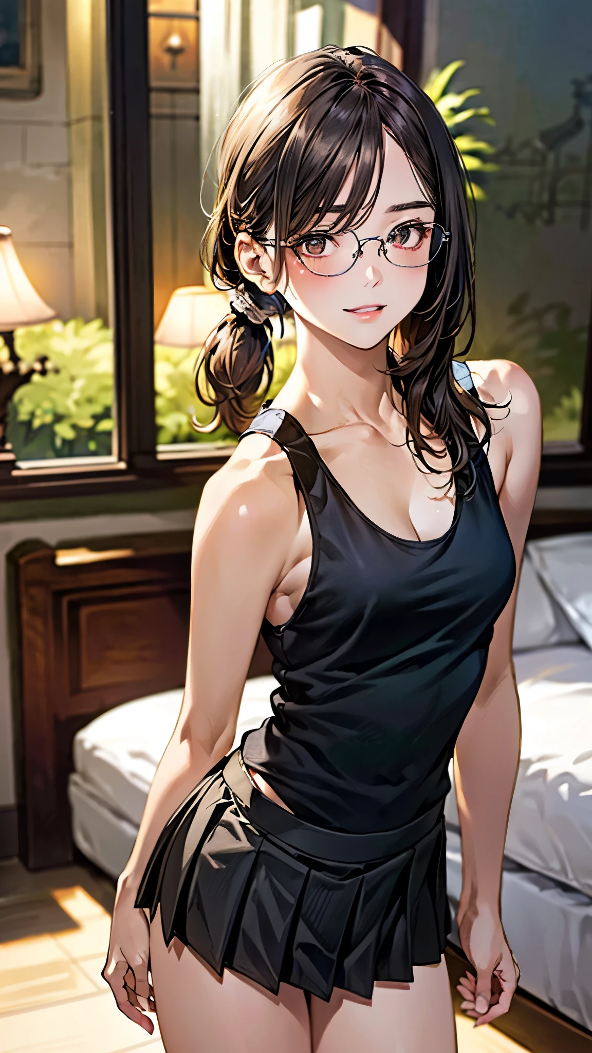 (masterpiece:1.3, top-quality, ultra high resolution, ultra detailed), (realistic, photorealistic:1.4), beautiful illustration, perfect lighting, natural lighting, depth of fields,
beautiful detailed hair, beautiful detailed face, beautiful detailed eyes, beautiful clavicle, beautiful body, beautiful chest, beautiful thigh, beautiful legs, beautiful hands,
looking at viewer, 1 girl, , (perfect anatomy, anatomically correct), cute and symmetrical face, babyface, pet face, perfect eyes, shiny skin,
(long hair, low ponytail, brown hair), parted bangs, brown eyes, long eye lasher, (medium breasts, juicy thighs, attractive thighs),
((detailed cloth texture, black pleated mini skirt, white tank top, black tank top), frameless eyeglasses),
(beautiful scenery), evening, (bedroom:1.4), standing, ((lean forward)), (seductive smile, upper eyes, parted lips),