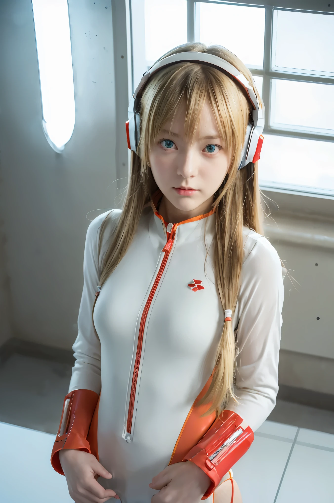 (Overhead view),dynamic angle,ultra-detailed, illustration, close-up, straight on, 1girl, 
 ((souryuu asuka langley, interface headset, red bodysuit:1.4, blonde)),Her eyes shone like dreamy stars,(glowing eyes:1.233),(beautiful and detailed eyes:1.1),(expressionless,closed mouth),(standing), 
(mechanic room with toolsand spaceship windowin a white SPACESHIP),
(night:1.2),dreamy, [[delicate fingers and hands:0.55]::0.85],(detail fingers),