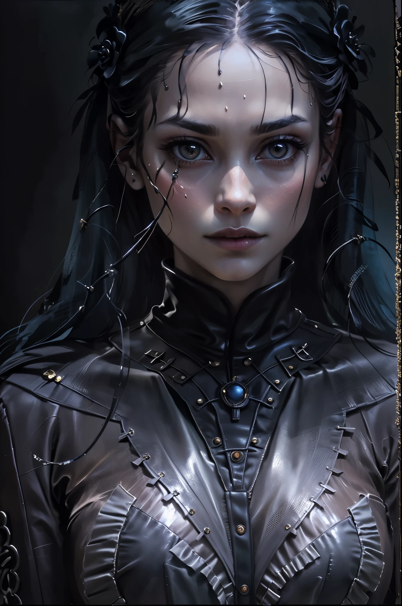 ((space, Distant stars), (Fantastic image, very beautiful - space girl), (1 girl; 1.3), (Face. figure))). ((Graceful forms. Graceful girl). (high quality), (stylization - animation, realism). (Dark cool colors mixed with warm shades). (angel girl), (photorealistic, Cinematic picture), (high detail, complete black hole, 8K. dynamic expressive image)). ((Very detailed eyes and face))), Beautiful detailed eyes. masterpiece, Best quality, full length portrait, amazing beauty, dynamic pose, нежное Face, and bright eyes)). ((She wears transparent, semi-sheer dress, emphasizing a slim figure). (She's an angel, descended into the underworld. She's a savior, light in the dark kingdom, radiating a soft glow. High detail, Other worlds, light of distant stars), (detail, high quality), (Muffled light, dark environments - the spooky cinematic setting is great)). ((Girl with white skin, realistic detailed skin, clear focus, volumetric mist near the floor, 8K, UHD, SLR camera, high quality, granularity. photorealism, lomography, fantastic dark art, Utopian reality)). ((готическое Face, gothic horror atmosphere, зловещая gothic aesthetics), (gothic art style, creepy gothic portrait, dark fantasy, mixed with realism, gothic aesthetics)).((Realistic black leather)).