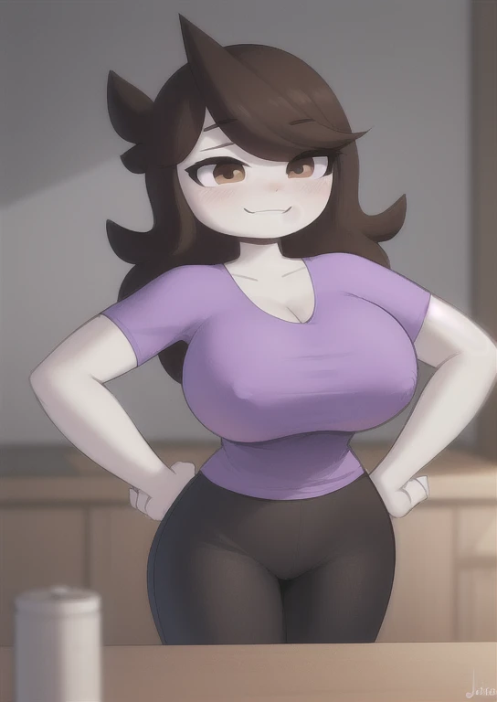 (masterpiece, best quality:1.2), extremely detailed, soft ambient lighting, sharp focus, 4K, BREAK 1girl, solo, jaidenanimations, purple t-shirt, black pants, long brown hair, white skin, BREAK simple background, white background, looking at viewer, smiling, hands on hips, blushing extremely, bending over forwards, (big breasts:1.3)