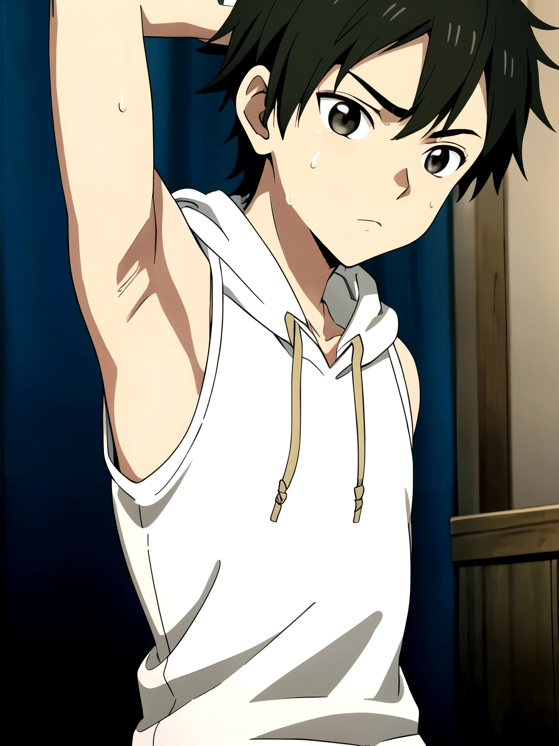 Highres, Masterpiece, Best quality at best,Best Quality,hight quality, hight detailed, Anime style, 1boy, Shota, Sleeveless hoodie, depth of field, (very young boy), (very small and short body), -yeld bo (Showing armpit:1.3), Simlle beckground, Sweat