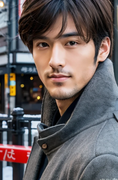 Photorealistic, 8K full-body poster, Handsome, Japanese, 25-year-old male, Serious expression, Sharp eyes, Attractive look, Detailed facial details, Tokyo, Winters, Shibuya in the background