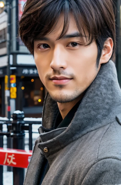 Photorealistic, 8K full-body poster, Handsome, Japanese, 25-year-old male, Serious expression, Sharp eyes, Attractive look, Detailed facial details, Tokyo, Winters, Shibuya in the background