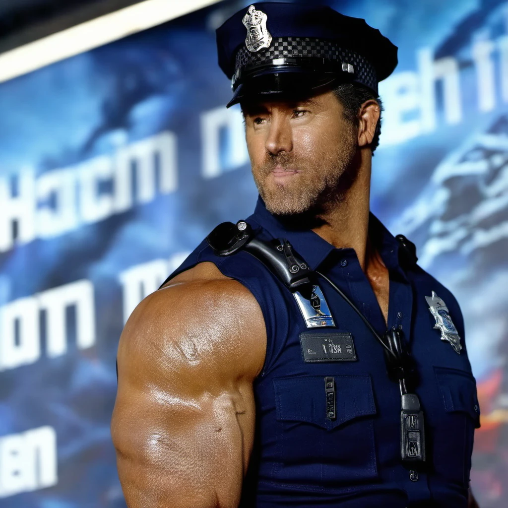 Police man muscle Hyperrealistic art close-up photo of ry4nrey a man, wearing a police outfit, from below, at a station, looking directly at viewer, . Extremely high-resolution details, photographic, realism pushed to extreme, fine texture, incredibly lifelike