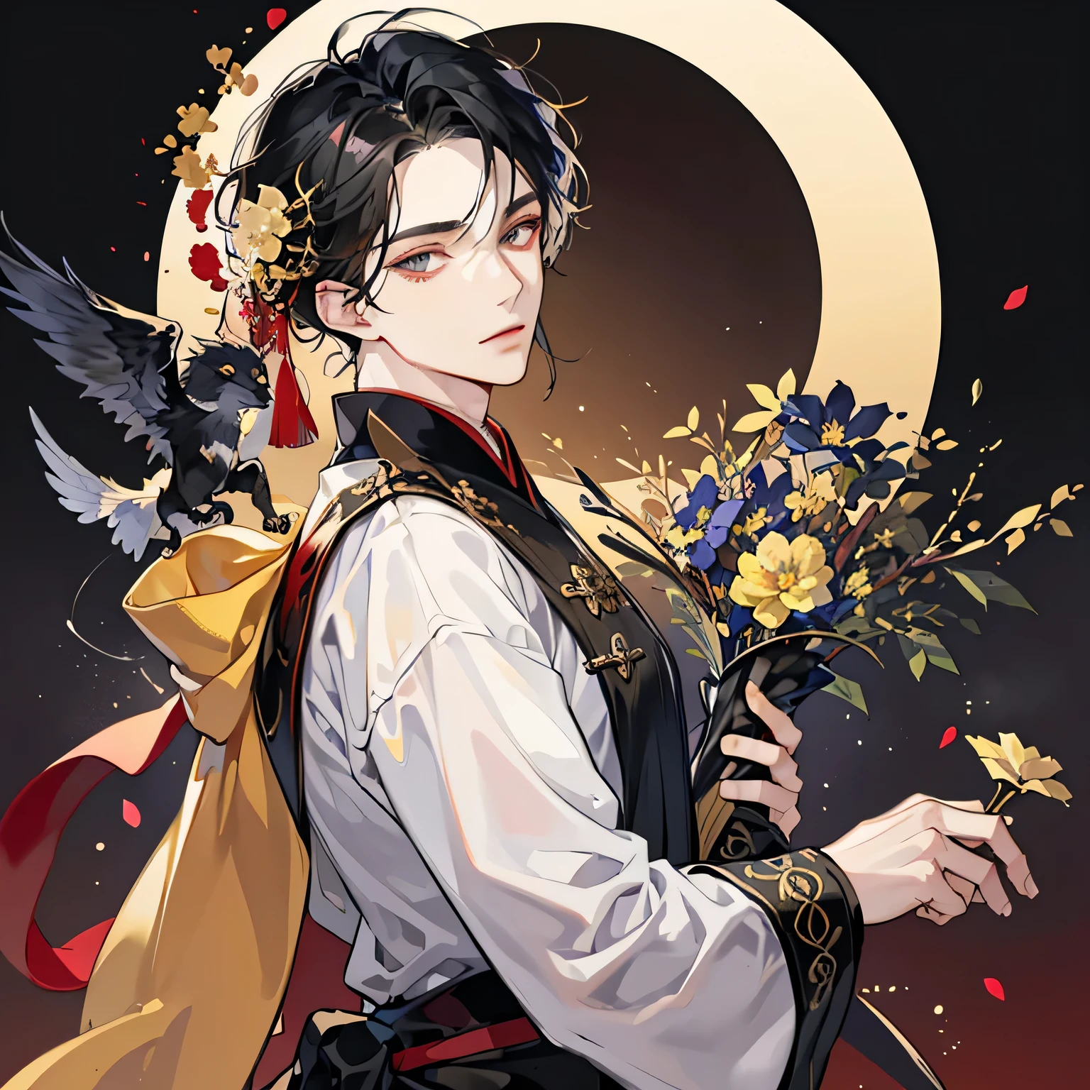 man with a cold and beautiful appearance, gray eyes, long black hair, black tunic with gold, holding a higan bana flower, (Japanese flower of death) his pale skin with reddened cheekbones, wuxia era,