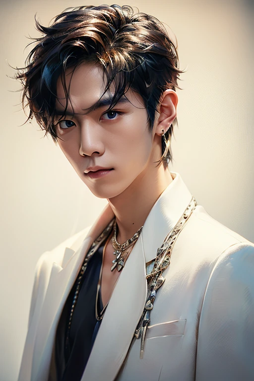 Wearing a white suit、Necklace around your neck、Wear a white shirt over your shirt、Man on white background