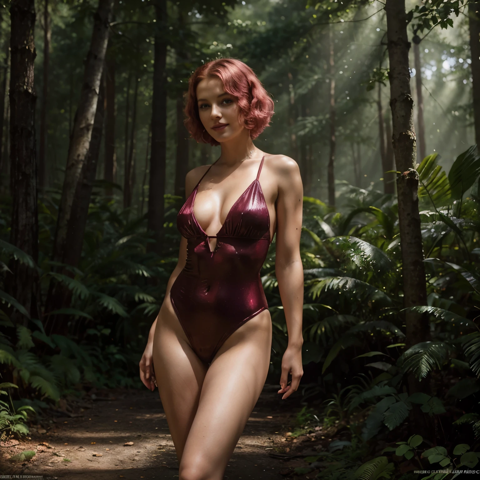 A beautiful young woman who resembles Thelma Todd, with short curly pink hair and is slender. Smiles slightly. She dances in the forest, in a forest clearing in the rays of the sun, in full body in a burgundy shiny swimsuit, with a lot of jewelry on her arms. This masterpiece is a photographic painting that radiates a feeling of otherworldly beauty and freshness. Retro, Gothic, Neo-Noir, Foggy Atmosphere, Super Detailed, Photorealism, Hyperrealism, Art Photography, Super Quality