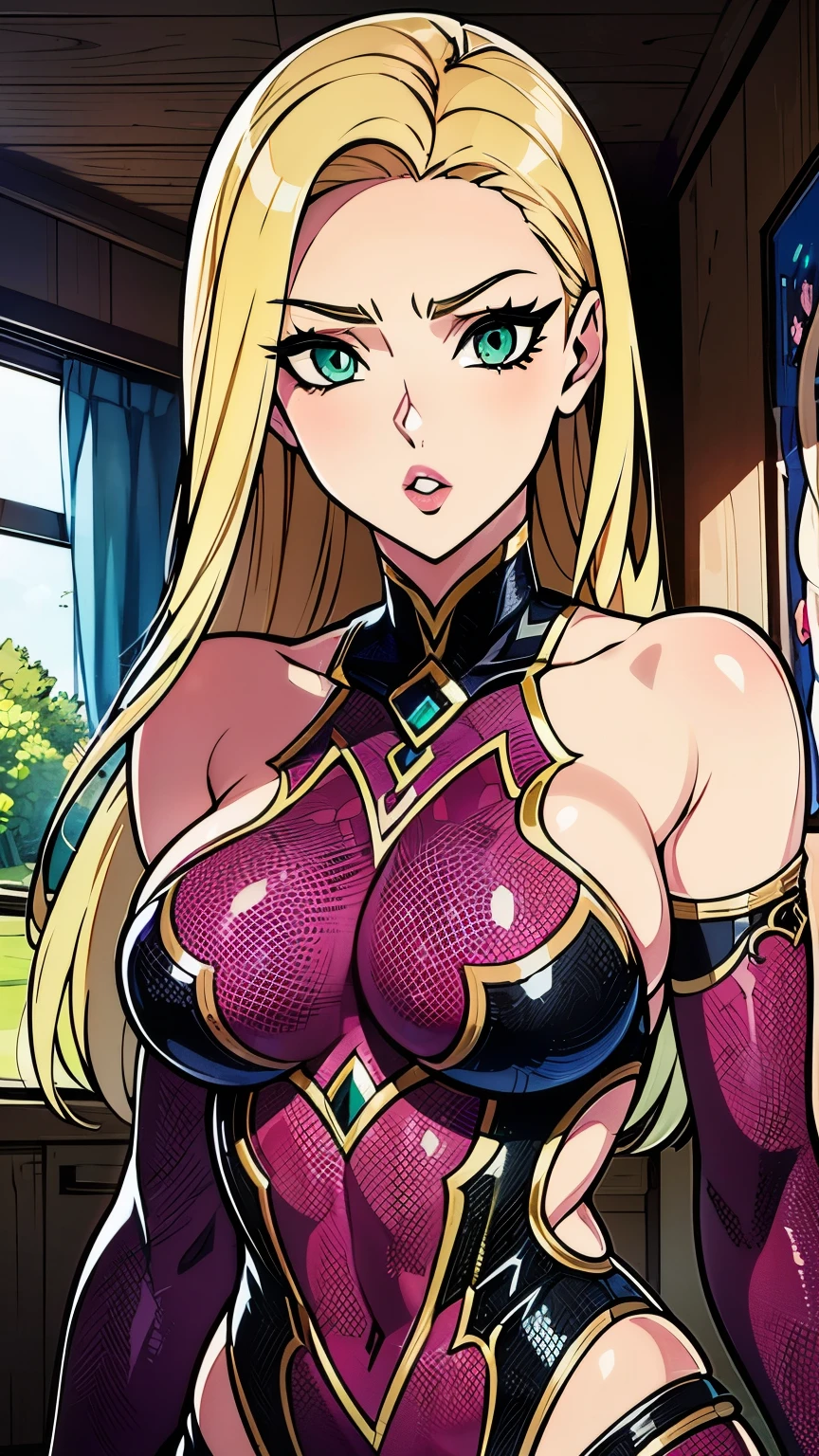 Women: big lips, Blond, big green eyes, Sicht von Vorne, Weiter weg, Beide Arme, Eyeliner, Metal Clothes,