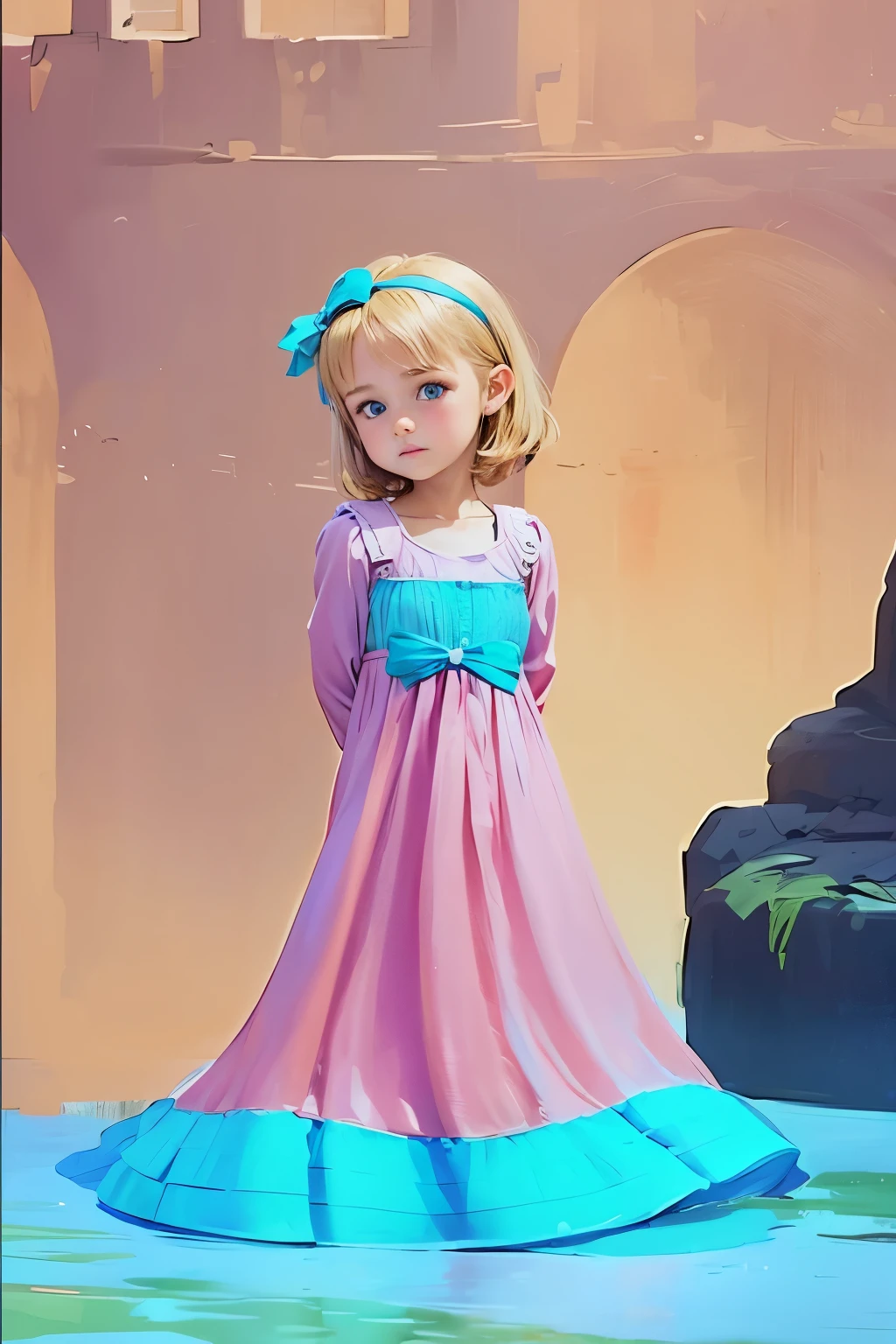 teenage girle,pretty,kid,children,blonde,short hair,blue eyes,pink blue dress,