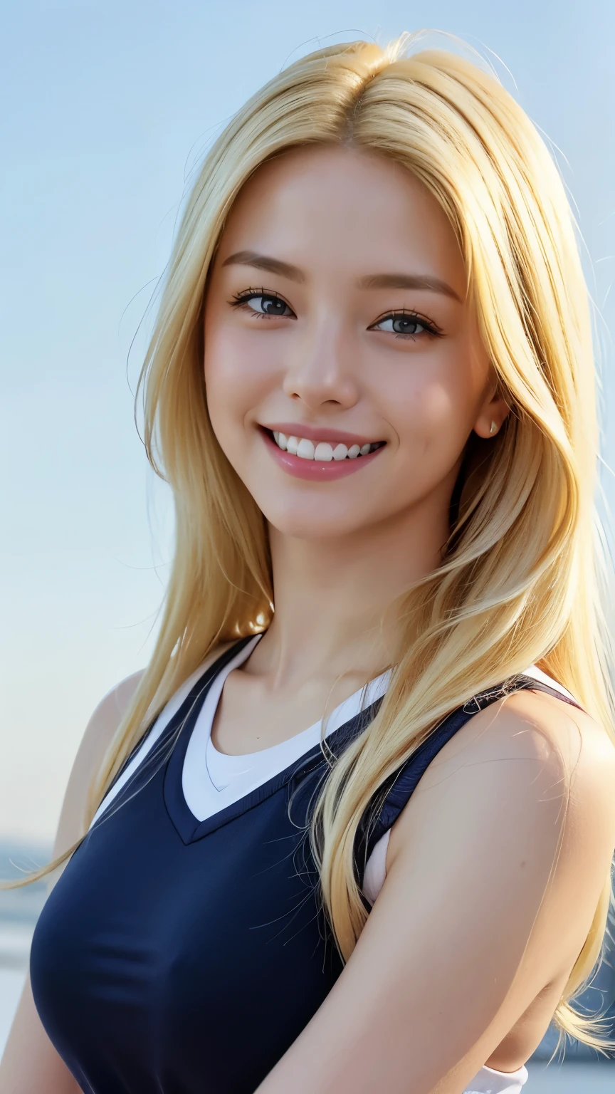 highest quality, masterpiece, 8k, Ultra-high resolution, (Realistic: 1.4), 1 girl, Beautiful Face, Symmetrical eyes, big, Perfect body proportions, ((long hair))、((Blonde:1.5)), School teacher、((Sportswear:1.4)), ((smile:1.5)), The viewer's gaze, ((at school、Blurred Background:1.5)), Looking at the camera、A friendly smile、seems kind、Cowboy Shot