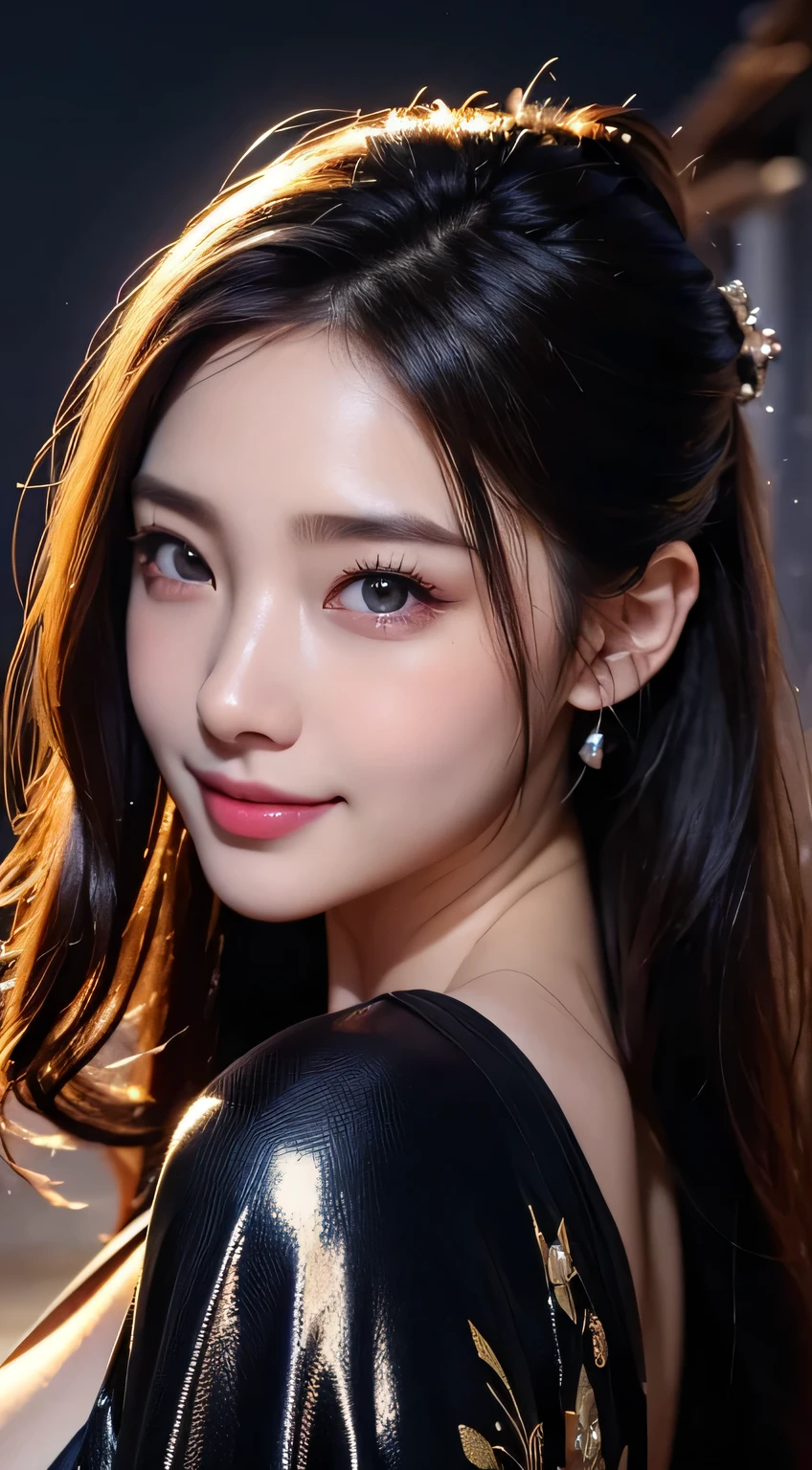Beautiful woman in kimono，body portrait、8k，fine and beautiful eyes，Dindal effect、masterpiece, 最high quality, high quality, High resolution、very detailed photos、(natural skin texture、fine skin、hyper realism、Super sharpness)、high detail skin、(very detailed、fine skin texture、intricate details、beautiful face、(lifelike face)、realistic eyes、beautiful and detailed eyes、real looking skin、beautiful skin、surreal、very detailed、golden ratio、with smiling eyes、((night moonlight background))、body portrait、G cup、big breasts,glamorous,shiny bodysuit