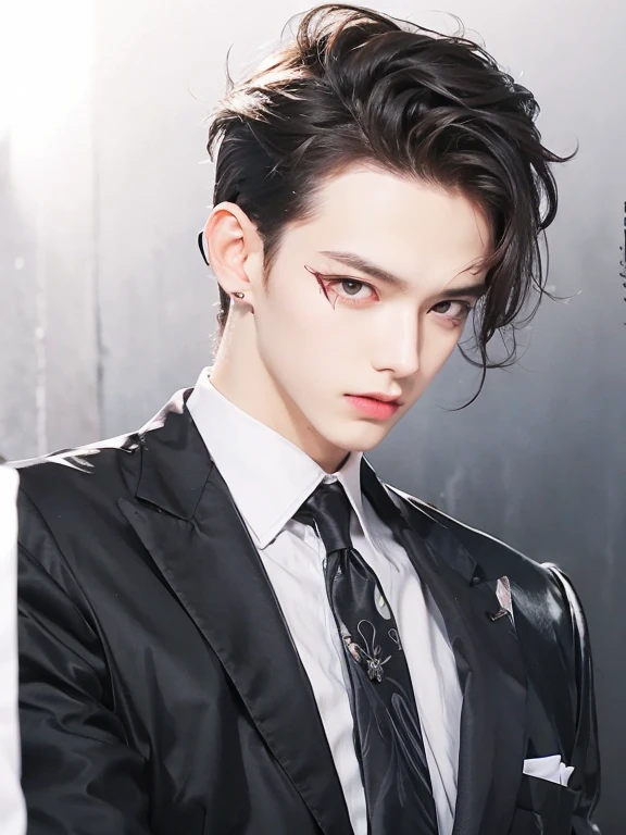 One boy, Anime Man，Short dark brown hair，Long bangs on the right side of the face, Red eyes, Wearing a black long shirt, Black and wine red vest, slim fit black pants, black dress boots, and black gloves,