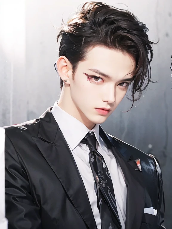 One boy, Anime Man,Short dark brown hair,Long bangs on the right side of the face, Red eyes, Wearing a black long shirt, Black and wine red vest, slim fit black pants, black dress boots, and black gloves,