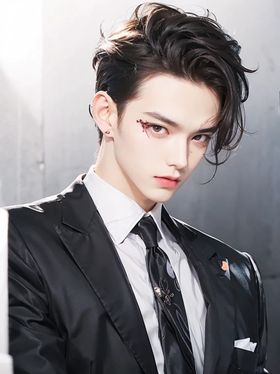 One boy, Anime Man,Short dark brown hair,Long bangs on the right side of the face, Red eyes, Wearing a black long shirt, Black and wine red vest, slim fit black pants, black dress boots, and black gloves,