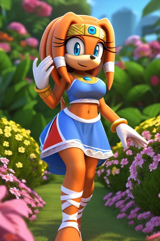 Masterpiece, high quality, studio quality, intricate details, 4k, 1girl, solo, Tikal the Echidna, dress, flower garden, eyes open, blue eyes, big breasts, midriff