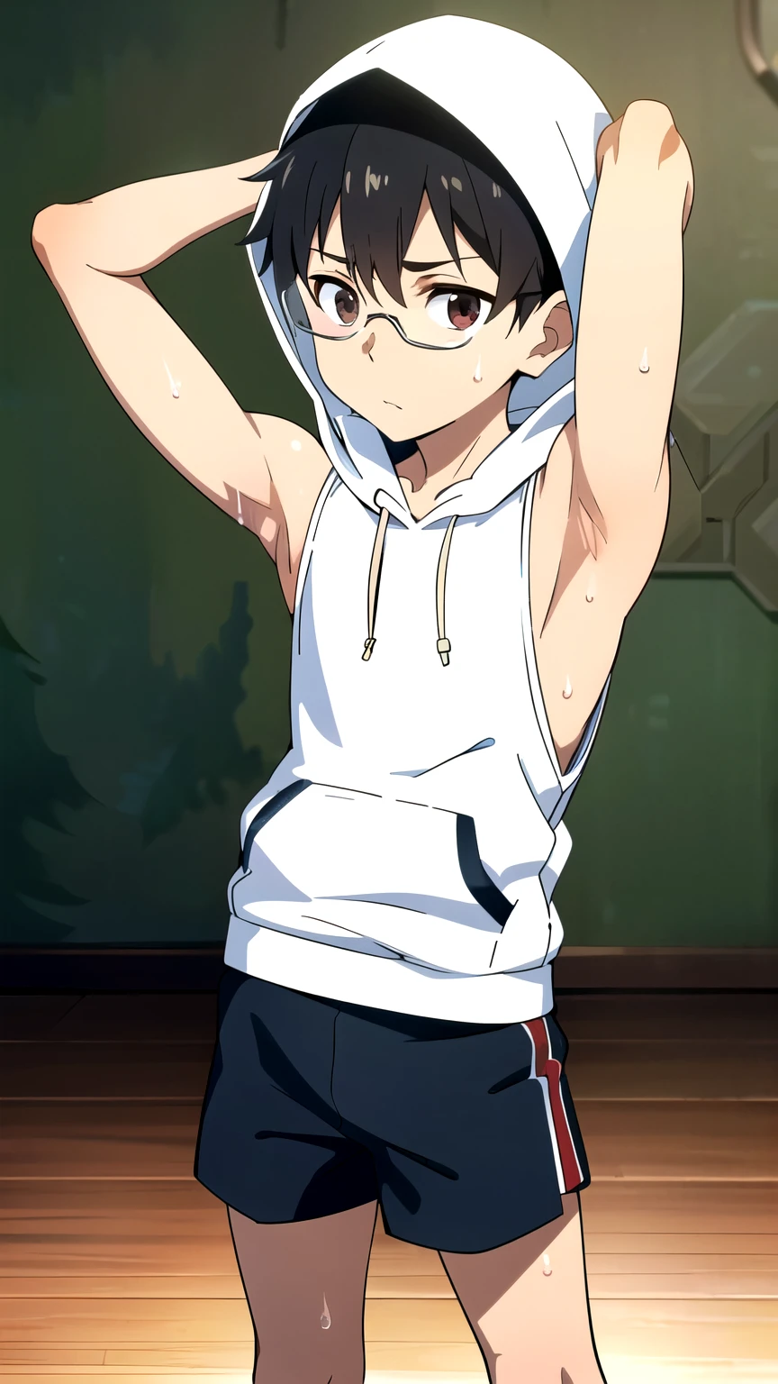 Highres, Masterpiece, Best quality at best,Best Quality,hight quality, hight detailed, 1boy, Shota, White hoodie, Google glass , Sleeveless hoodie, (very small and short stature), (very young boy), (very small and short body), -yeld bo (Showing armpit:1.3), hansome, Sweat