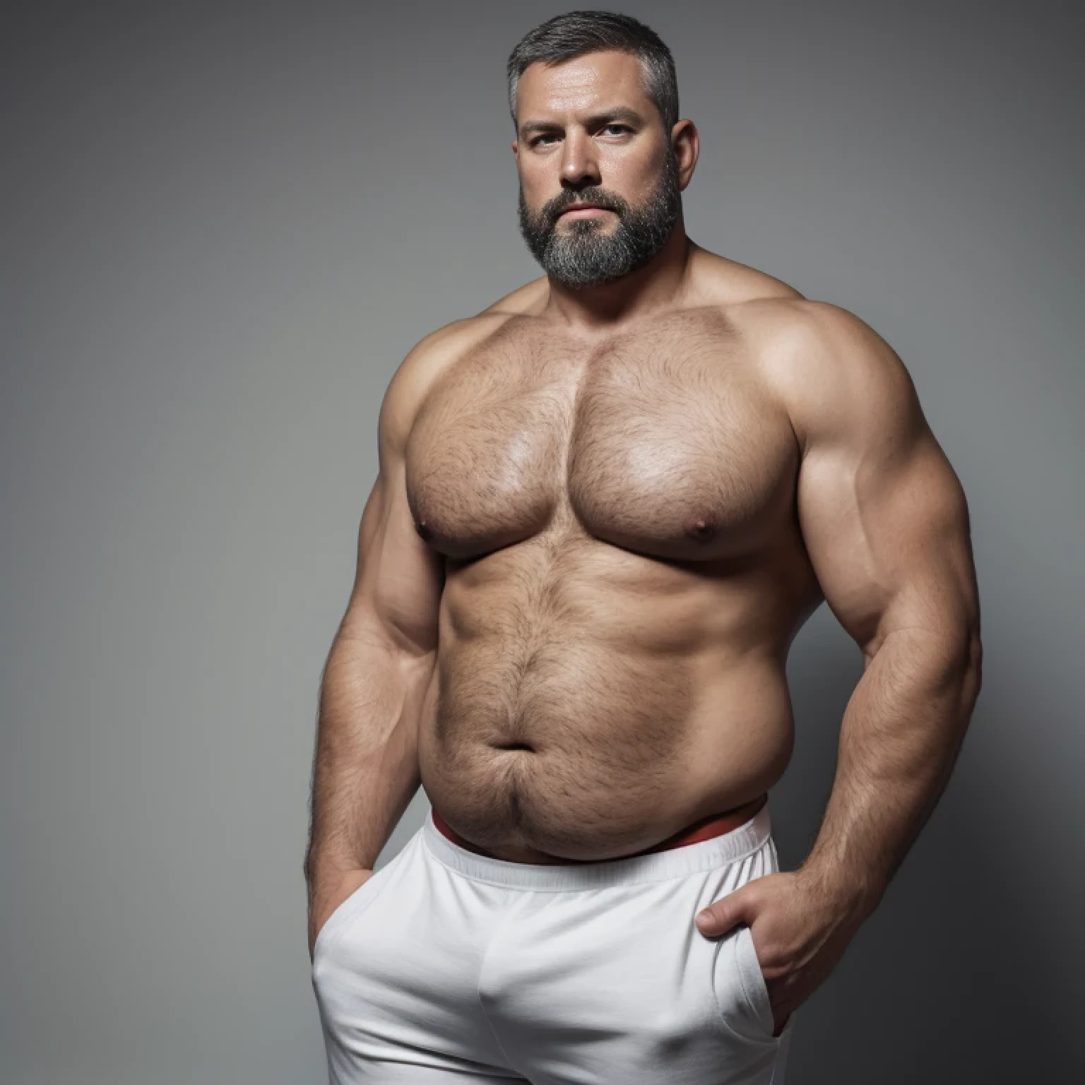 a wild fat daddy, (45 years old daddy:1.1) , 1man, solo, big face, round face shape, detailed eyes, bulky, plump, very dark chest hair, facial hair, white hair, short beard, crew cut hair, nerdy, (topless :1.2), black short suit pants, serious expression, flat dark gray background, (both hands in pockets :1.3),
highest quality ,best quality, 8k, masterpiece,