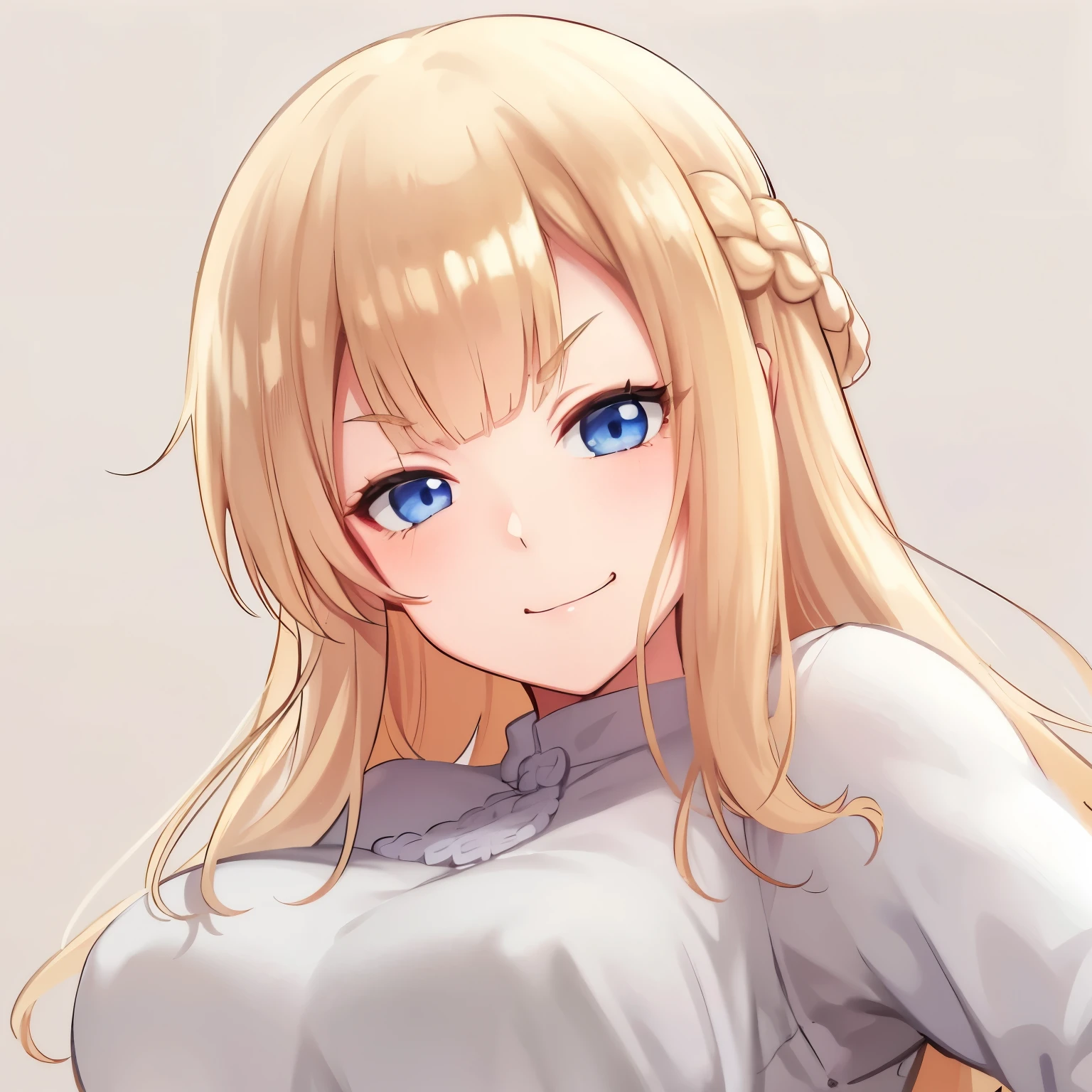 high quality, masterpiece. Young woman. blonde. braided hair. Blue eyes. evil grin. white elegant sweater. arrogant face. sly eyes. Closed eyes. A sneer.