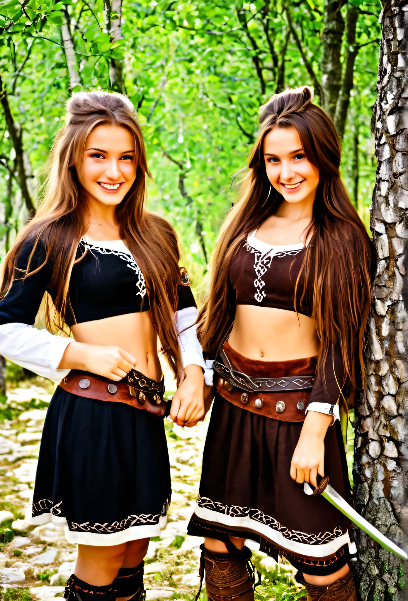 Two beautiful girls,perfect body, brown hair, long hair, viking clothes, in Albanian correst, happy vibes, perfect hands, perfect fingers, genuine smiles, beautiful trees