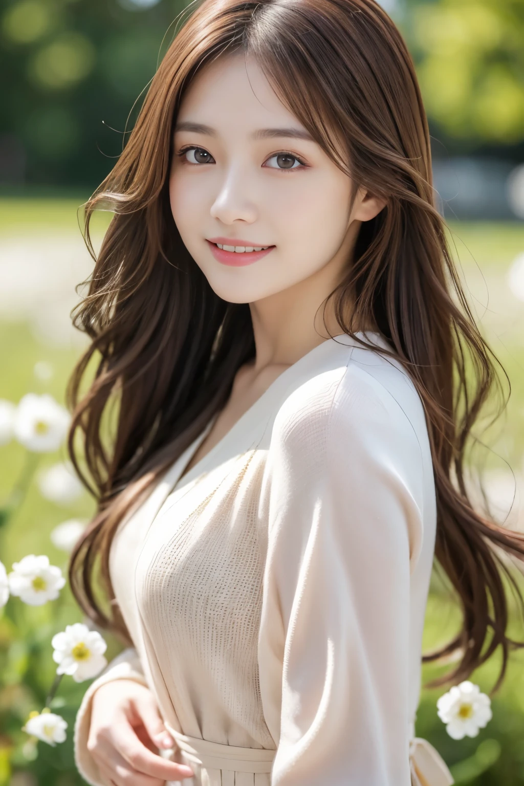 Tabletop, highest quality, Realistic, Super detailed, finely, High resolution, 8K Wallpaper, Beautiful Japanese woman,21-year-old beauty、beautiful long light brown hair, Spring-like outfit,Smiling、 Sharp focus, Perfect dynamic composition, Detailed and beautiful eyes, Fine hair, Detailed and realistic skin texture, Close-up portrait, Model Body Type