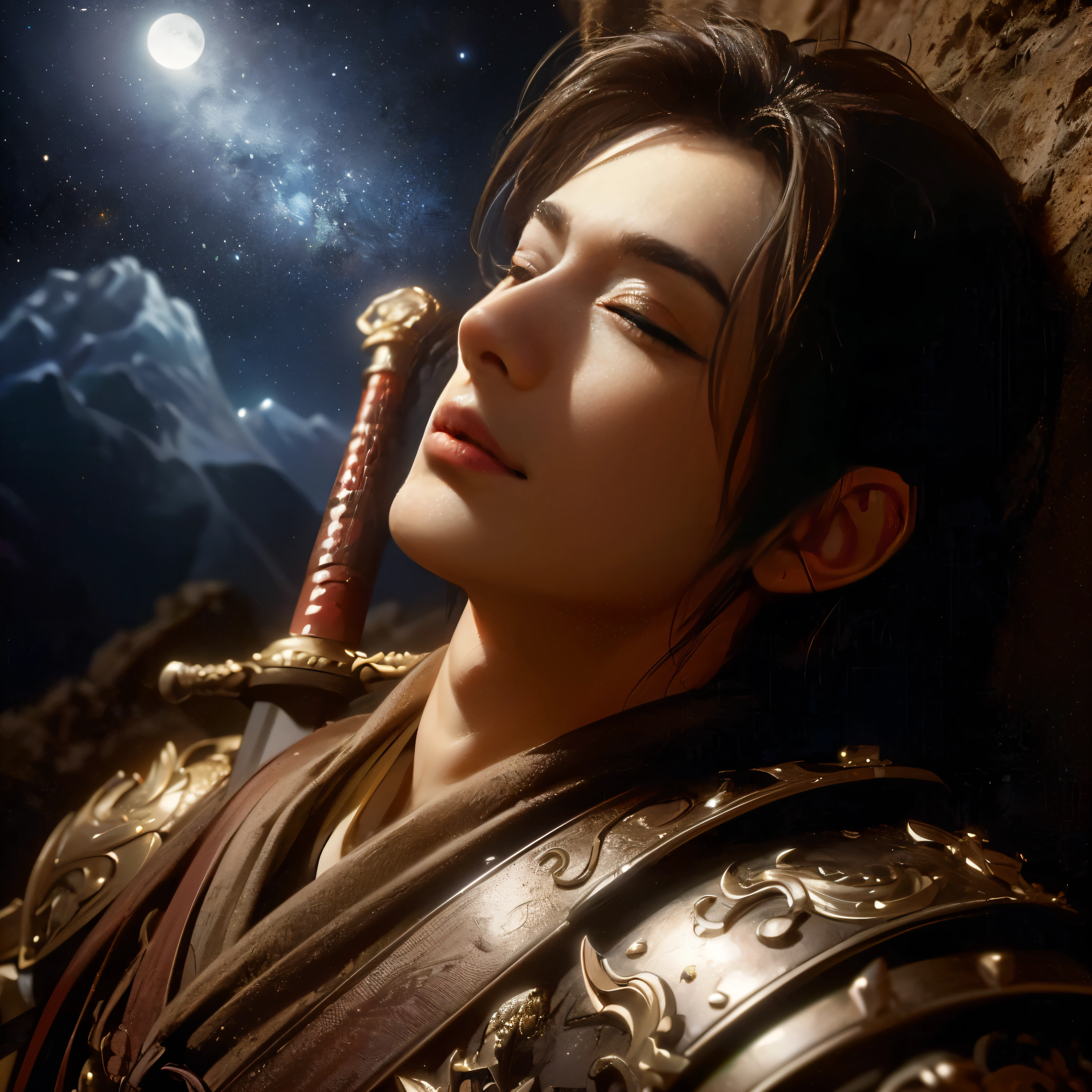 (Best Quality:1.2), (high resolution:1.2), (beautiful face and eye:1.5), (sharpest focus:1.2), (Ultra-realistic Photo:1.2), (Ultra-precise Photo:1.2), (Depth of field:1.2), (8k high resolution:1.2). (perfect anatomy:1.2),
(nice hands:1.5), (perfect hands:1.5), (cynical smile:1.5), (A very young and beautiful Chinese man:1.0), (lying down quietly with closed sick eyes:1.8), (At the top of a steep rocky mountain:1.8),
(Stars of Leo twinkling in the night sky:1.5), (Looking down angle:1.5), (holding a drawn sword:1.0), (Chinese warrior with very light armor and beat-up arms:1.0), (Pale complexion:1.5),