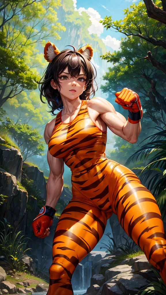 Furry woman, tigger body, boxing outfit, nature, muscular woman