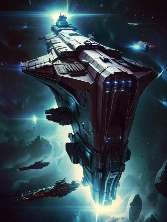 Scenery of a large space war between enemy warships with a large space fortress in the background