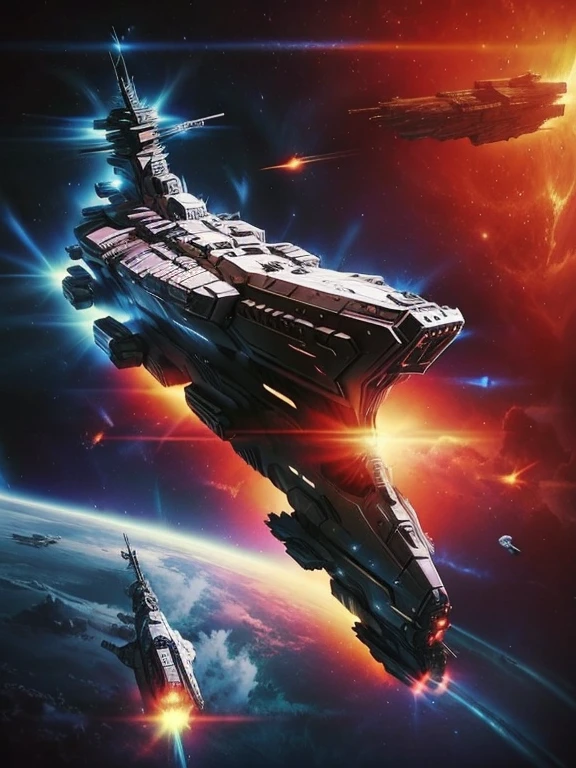 Scenery of a large space war between enemy warships with a large space fortress in the background