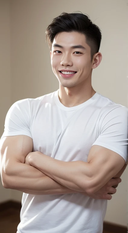 masterpiece, highest quality, 1 boy, Asian Man, east asian, One Man, Muscles are balanced, Lewd pose, Short Hair Details,The face is very delicate,With a smile, White teeth, White shirt,Partially immersed,Chest muscles are clearly visible, Gym Background, Realistic Style,photo shoot,View from the front, Displaying the viewer,